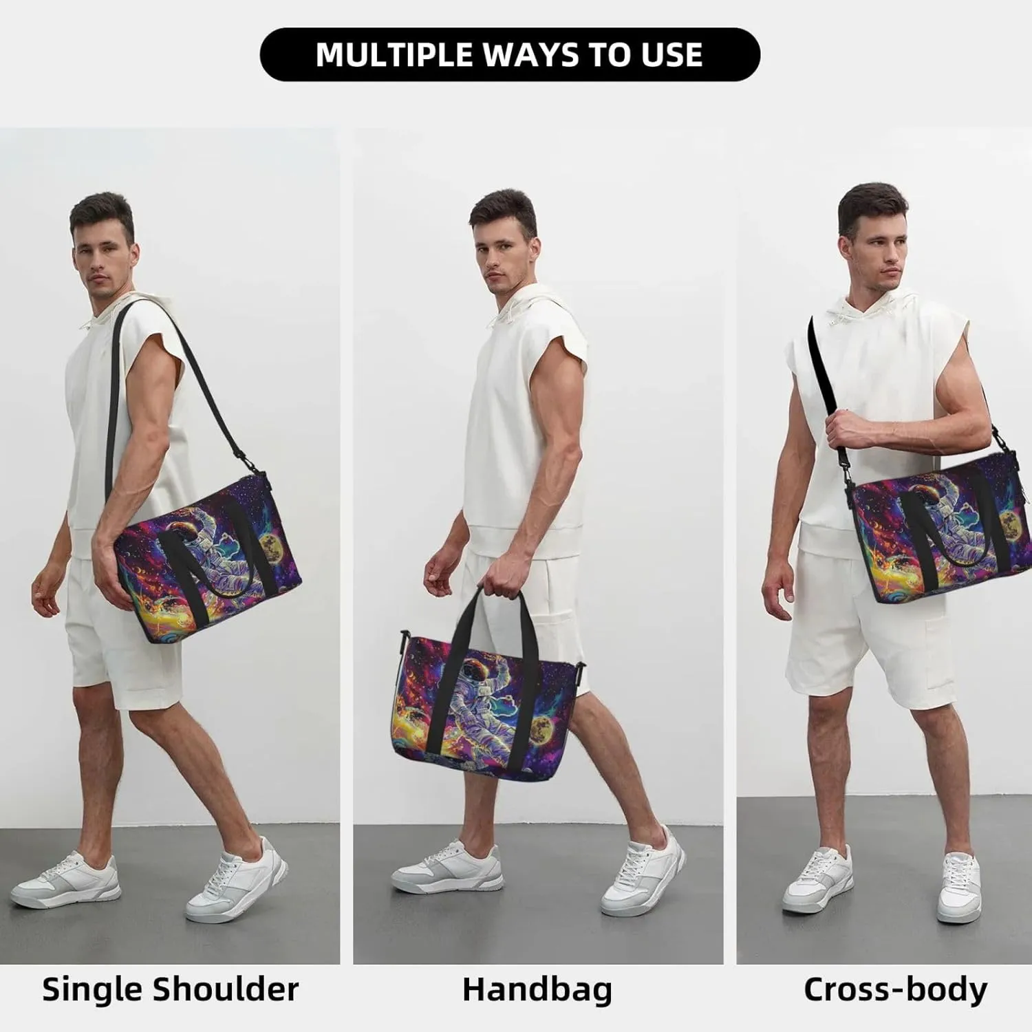astronaut colorful space print Travel Duffel Bag, Sports Tote Gym Bag, Swim Pool Bag Large Shoulder Tote Bag for Beach Weekender