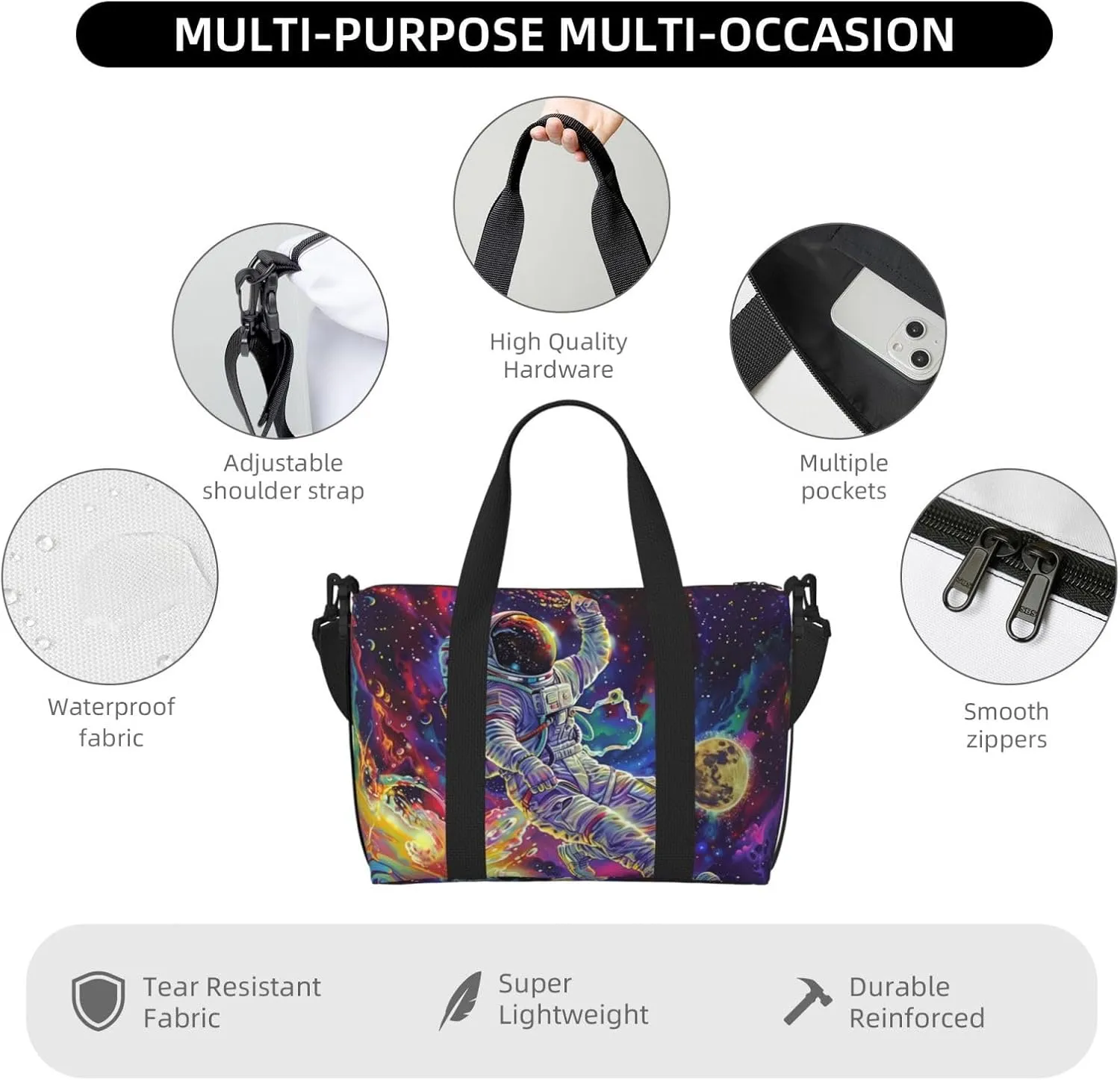 astronaut colorful space print Travel Duffel Bag, Sports Tote Gym Bag, Swim Pool Bag Large Shoulder Tote Bag for Beach Weekender