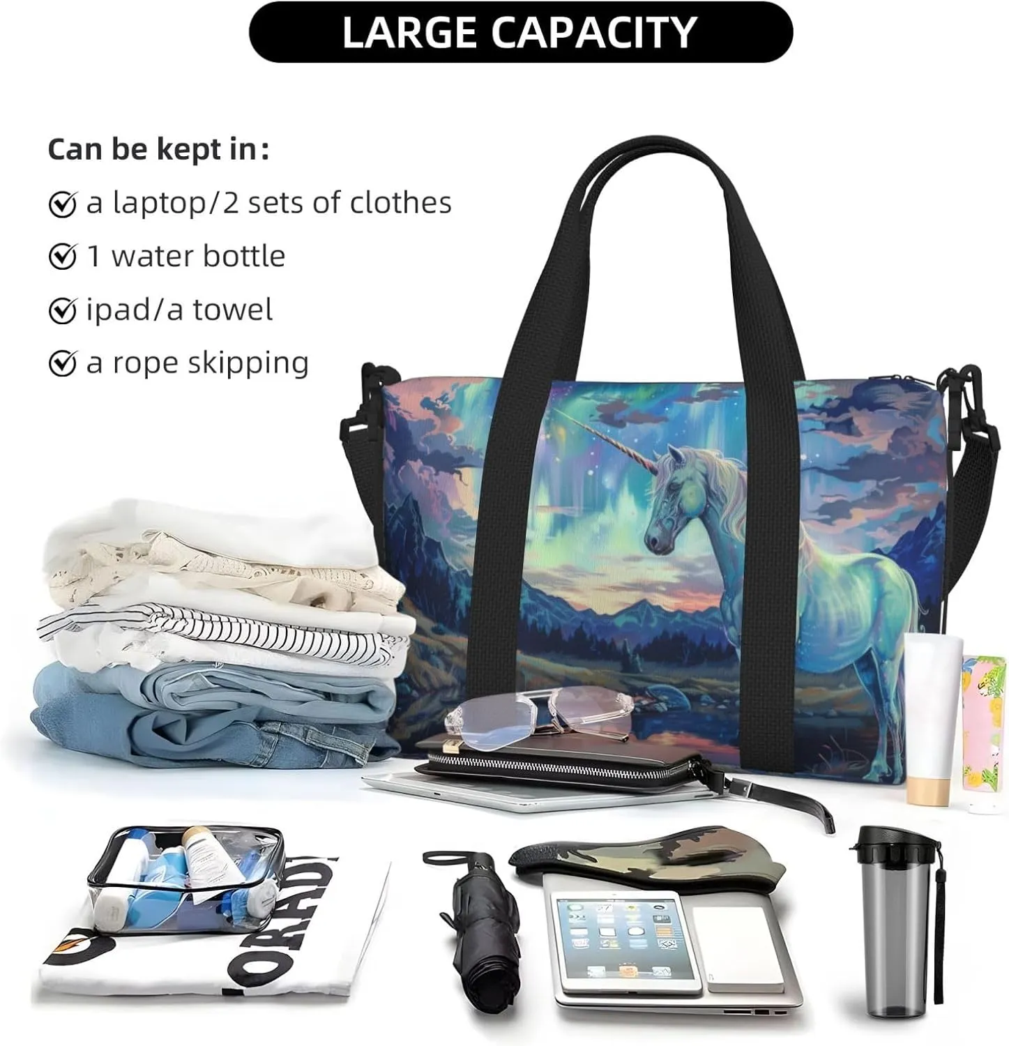 Aurora and Unicorn print Travel Duffel Bag, Sports Tote Gym Bag, Swim Pool Bag Large Shoulder Tote Bag for Beach Weekender, 202-406-121
