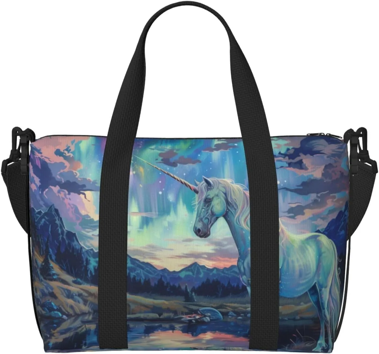 Aurora and Unicorn print Travel Duffel Bag, Sports Tote Gym Bag, Swim Pool Bag Large Shoulder Tote Bag for Beach Weekender, 202-406-121