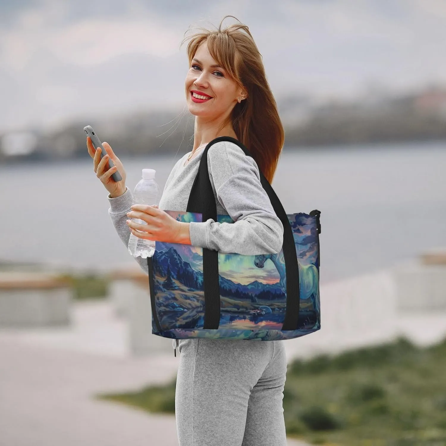 Aurora and Unicorn print Travel Duffel Bag, Sports Tote Gym Bag, Swim Pool Bag Large Shoulder Tote Bag for Beach Weekender, 202-406-121