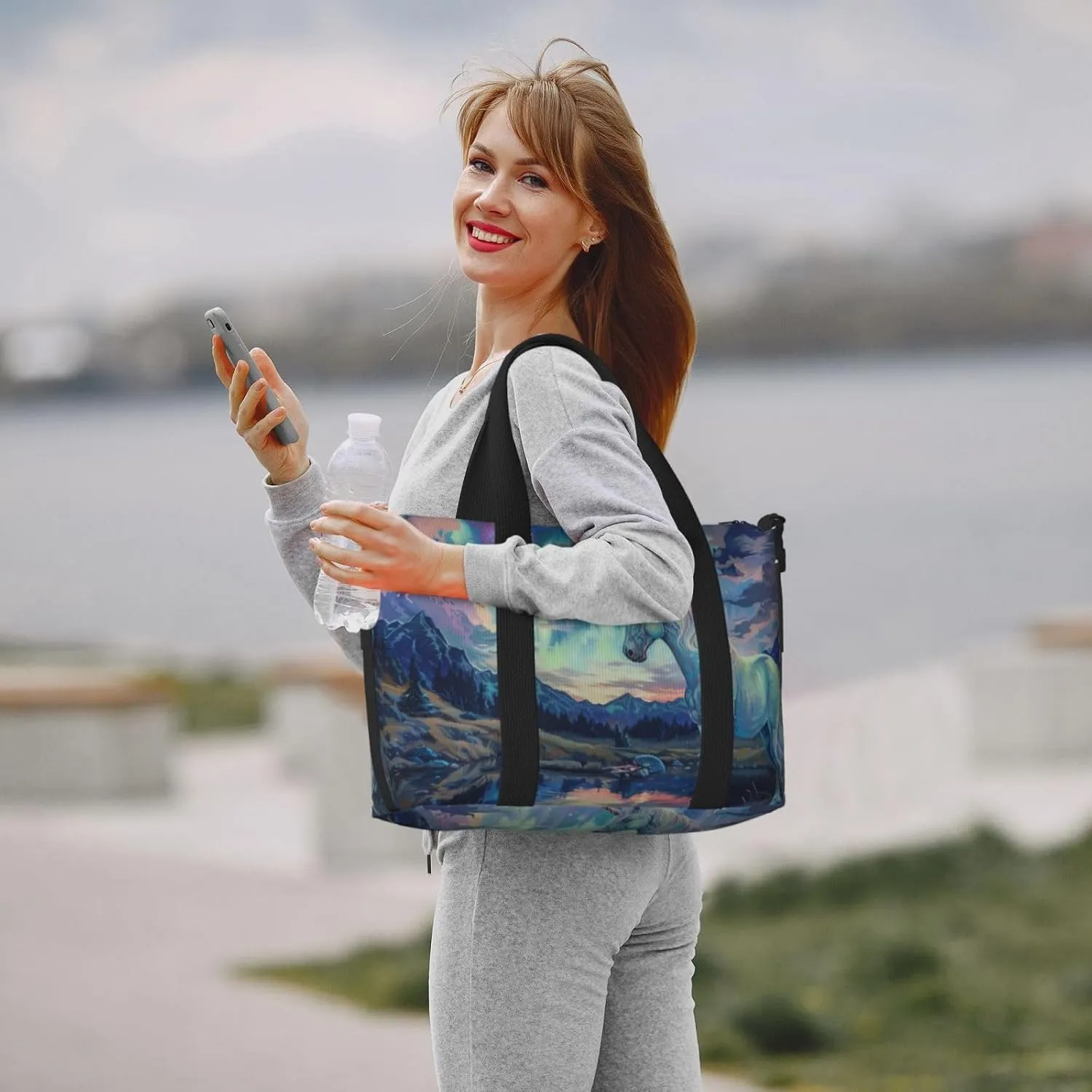 Aurora and Unicorn print Travel Duffel Bag, Sports Tote Gym Bag, Swim Pool Bag Large Shoulder Tote Bag for Beach Weekender