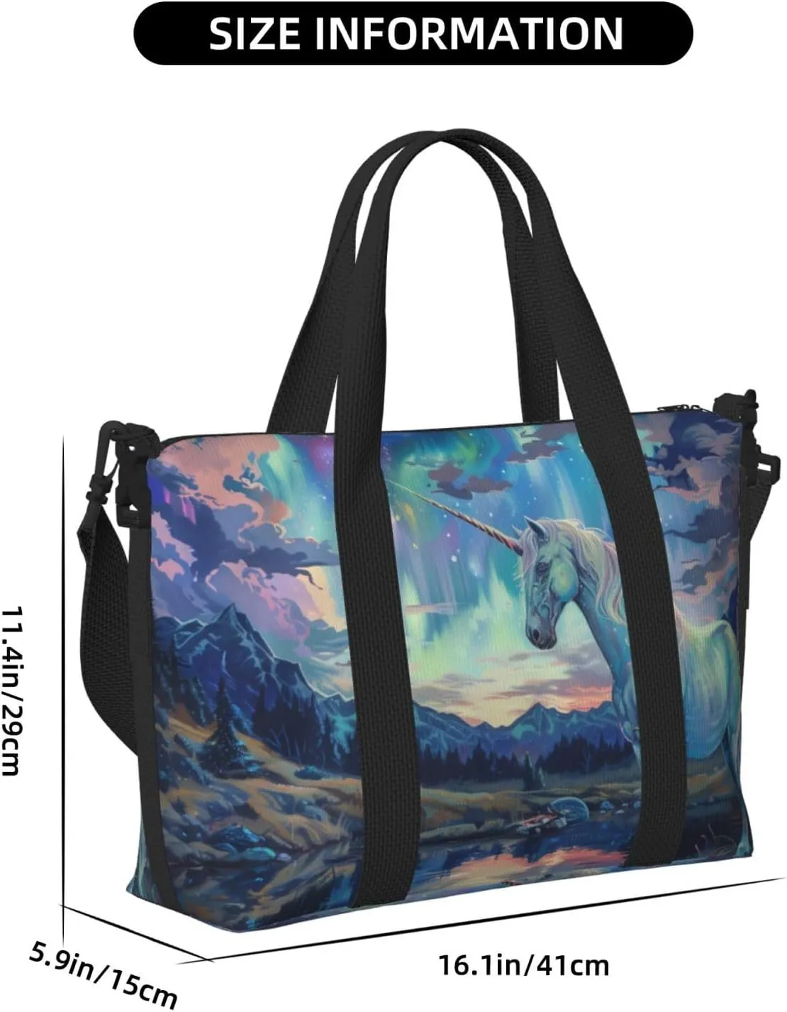Aurora and Unicorn print Travel Duffel Bag, Sports Tote Gym Bag, Swim Pool Bag Large Shoulder Tote Bag for Beach Weekender