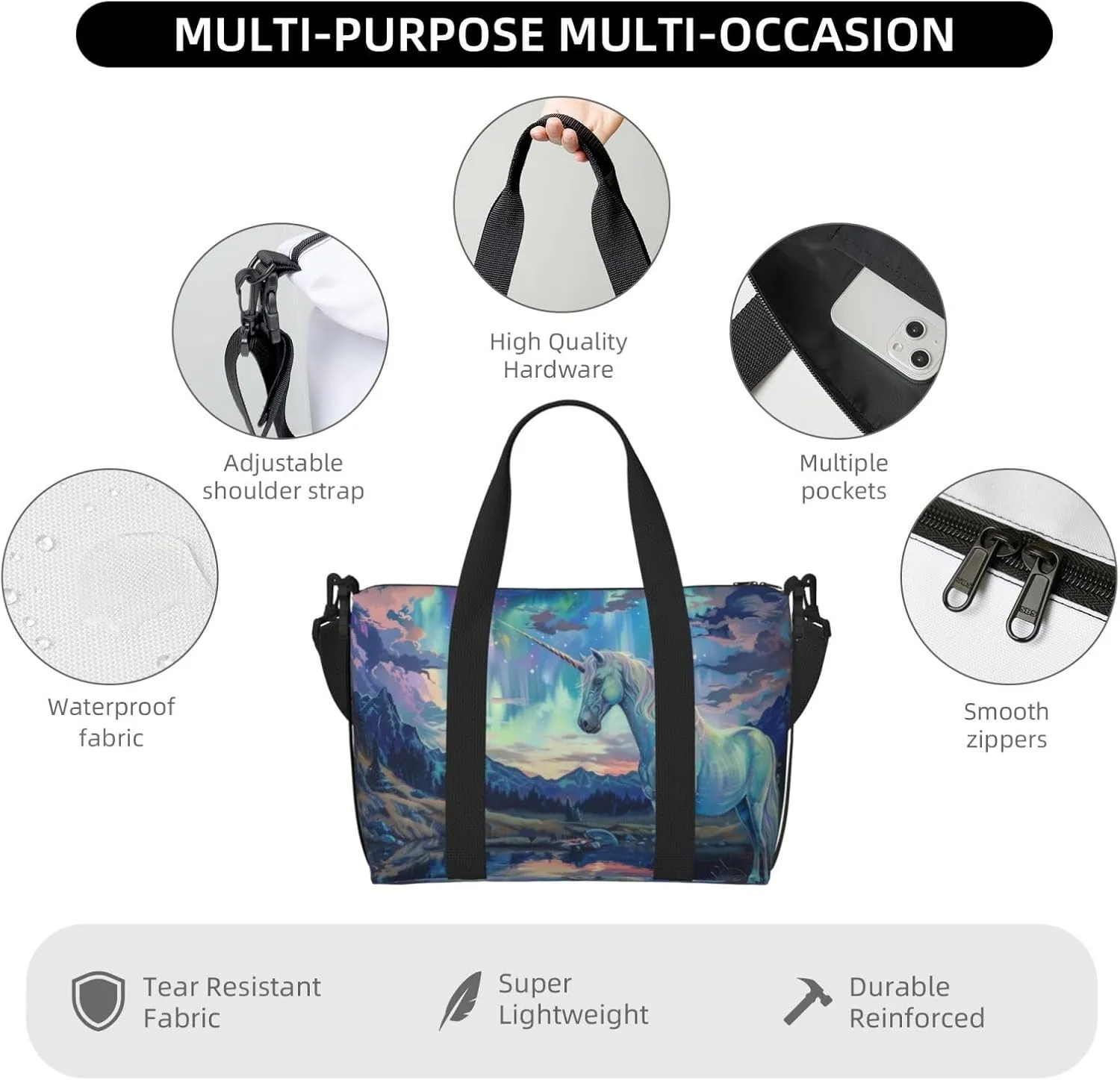 Aurora and Unicorn print Travel Duffel Bag, Sports Tote Gym Bag, Swim Pool Bag Large Shoulder Tote Bag for Beach Weekender