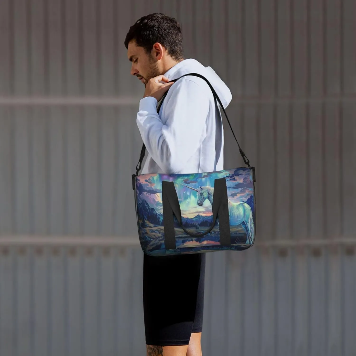 Aurora and Unicorn print Travel Duffel Bag, Sports Tote Gym Bag, Swim Pool Bag Large Shoulder Tote Bag for Beach Weekender