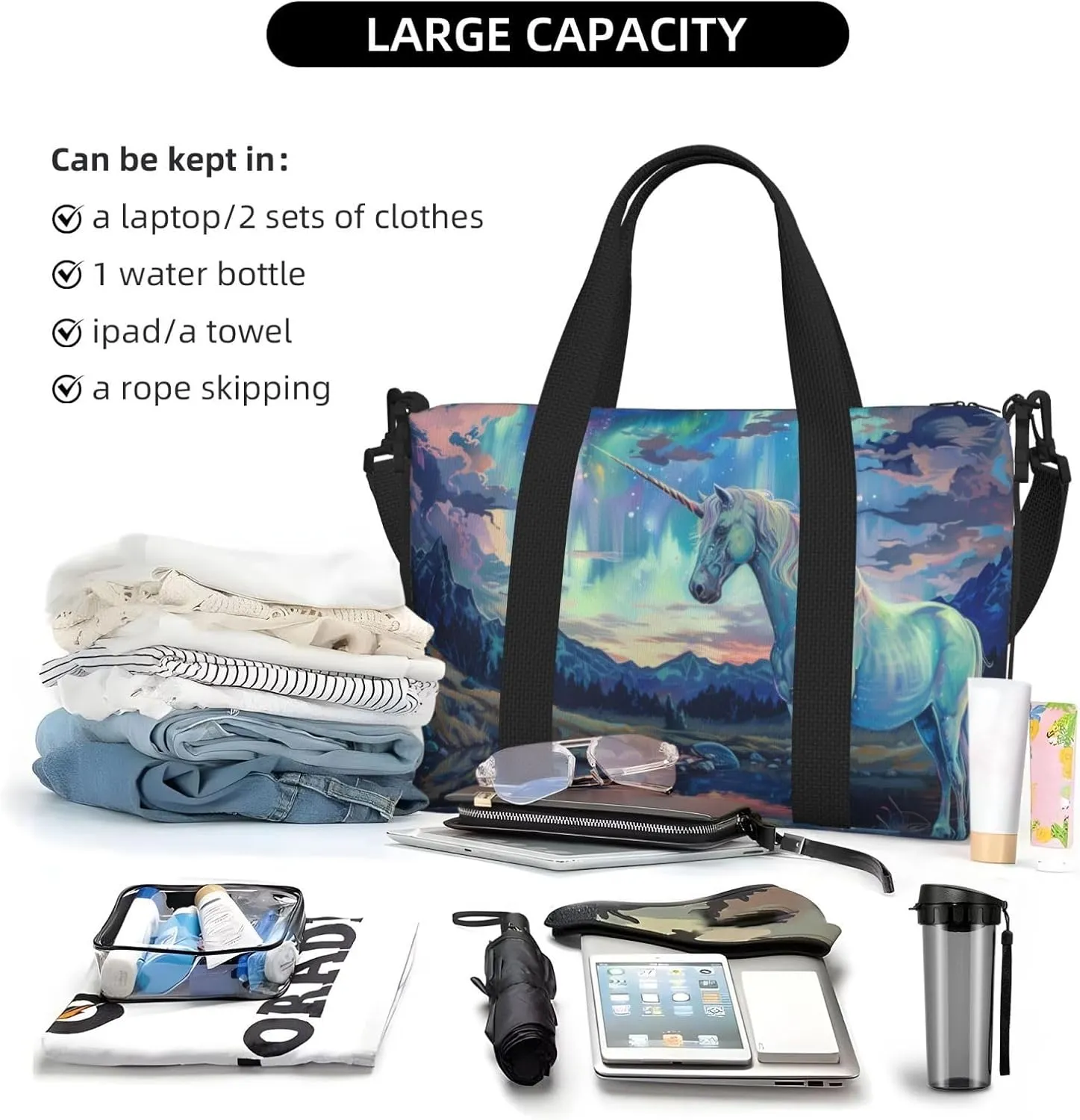 Aurora and Unicorn print Travel Duffel Bag, Sports Tote Gym Bag, Swim Pool Bag Large Shoulder Tote Bag for Beach Weekender