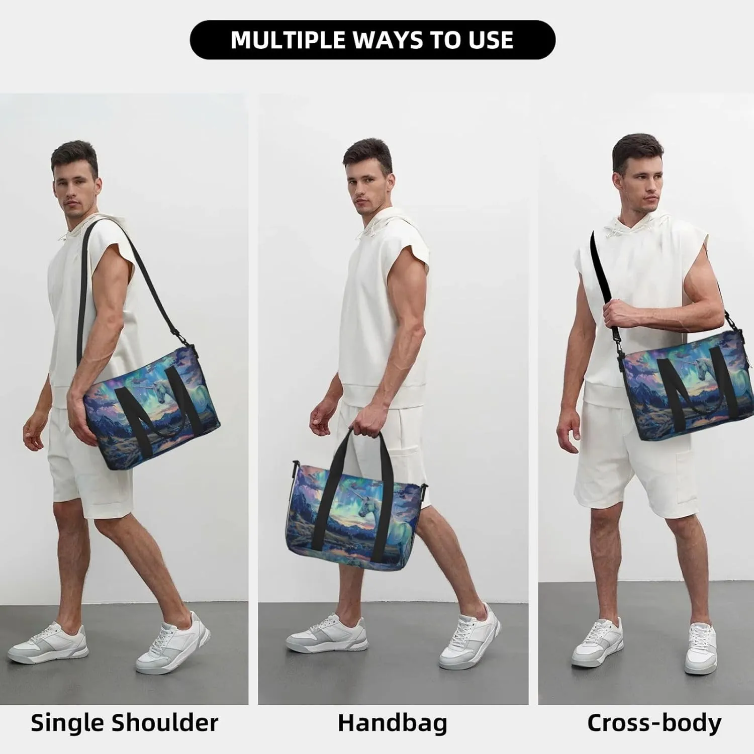 Aurora and Unicorn print Travel Duffel Bag, Sports Tote Gym Bag, Swim Pool Bag Large Shoulder Tote Bag for Beach Weekender