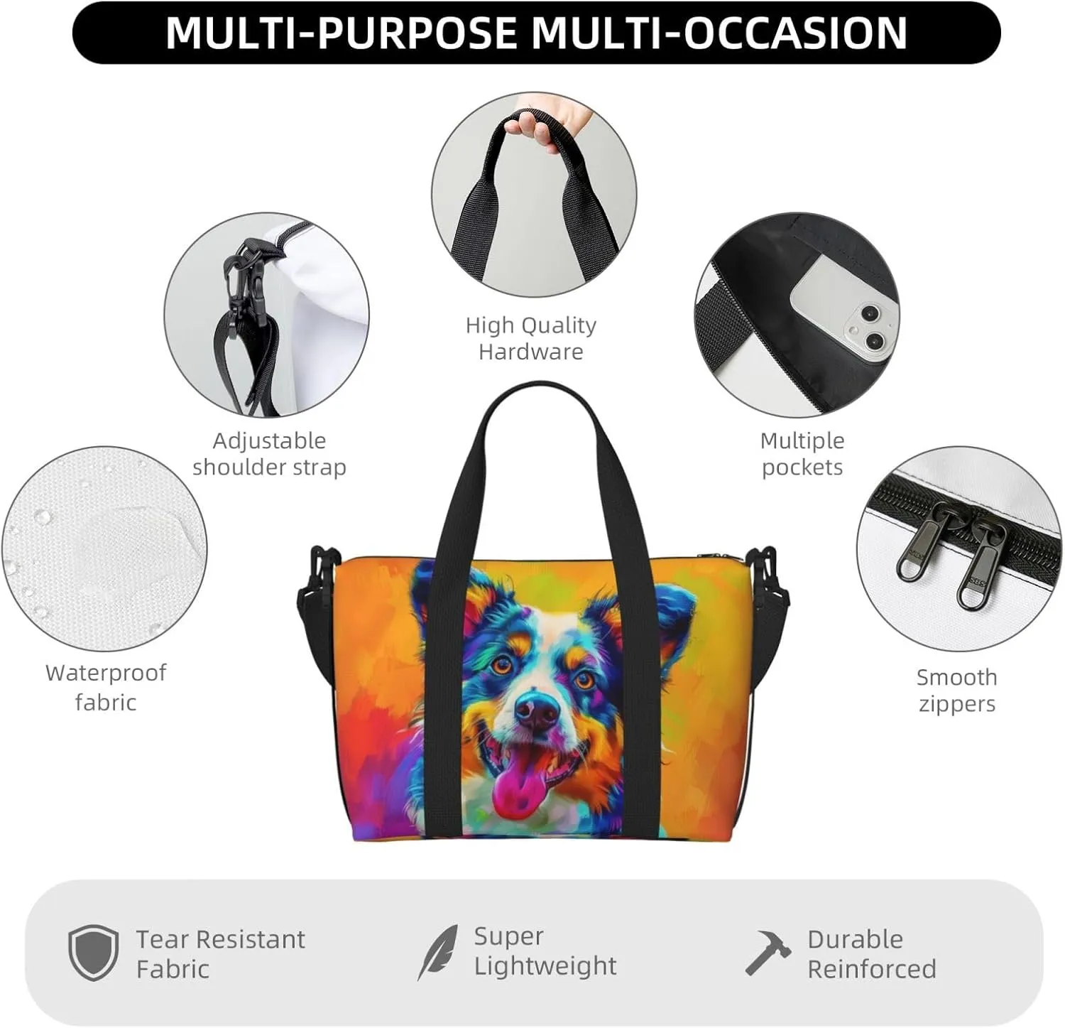 australian shepherd cute print Travel Duffel Bag, Sports Tote Gym Bag, Swim Pool Bag Large Shoulder Tote Bag for Beach Weekender