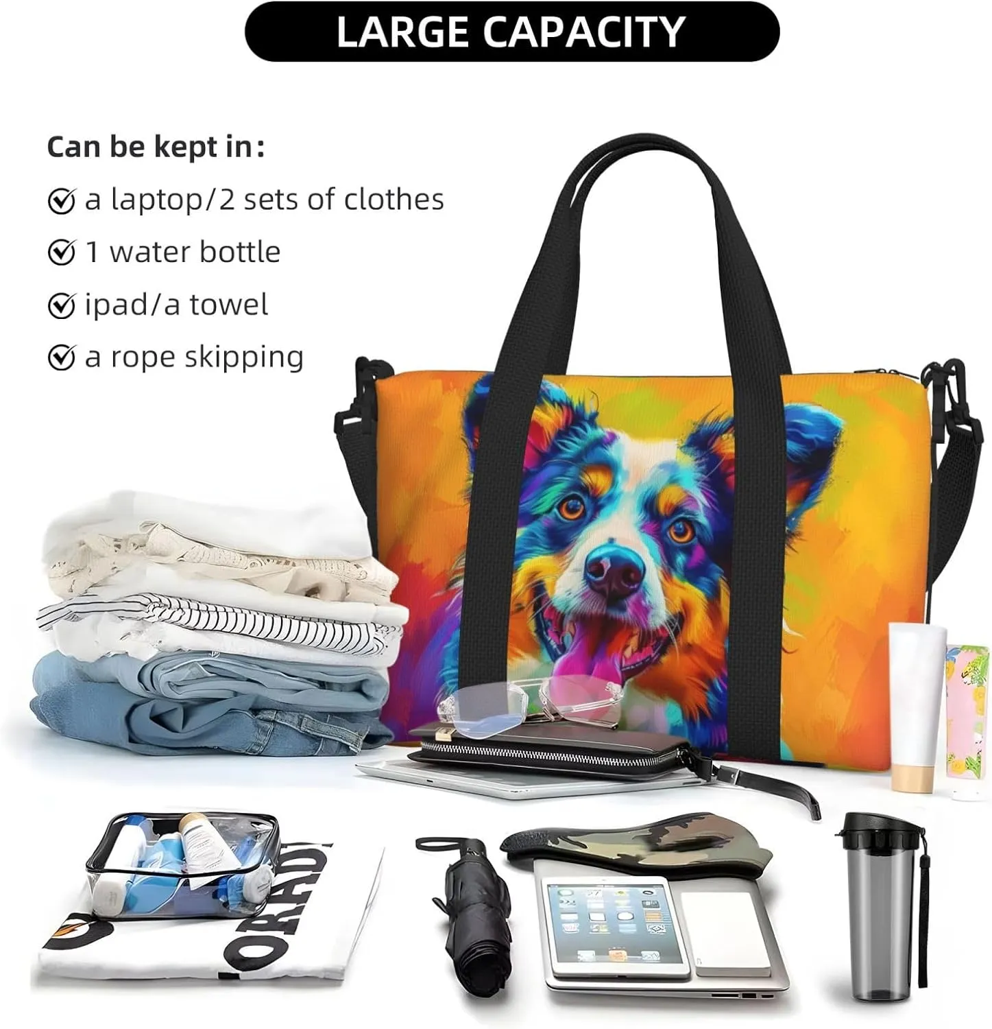 australian shepherd cute print Travel Duffel Bag, Sports Tote Gym Bag, Swim Pool Bag Large Shoulder Tote Bag for Beach Weekender