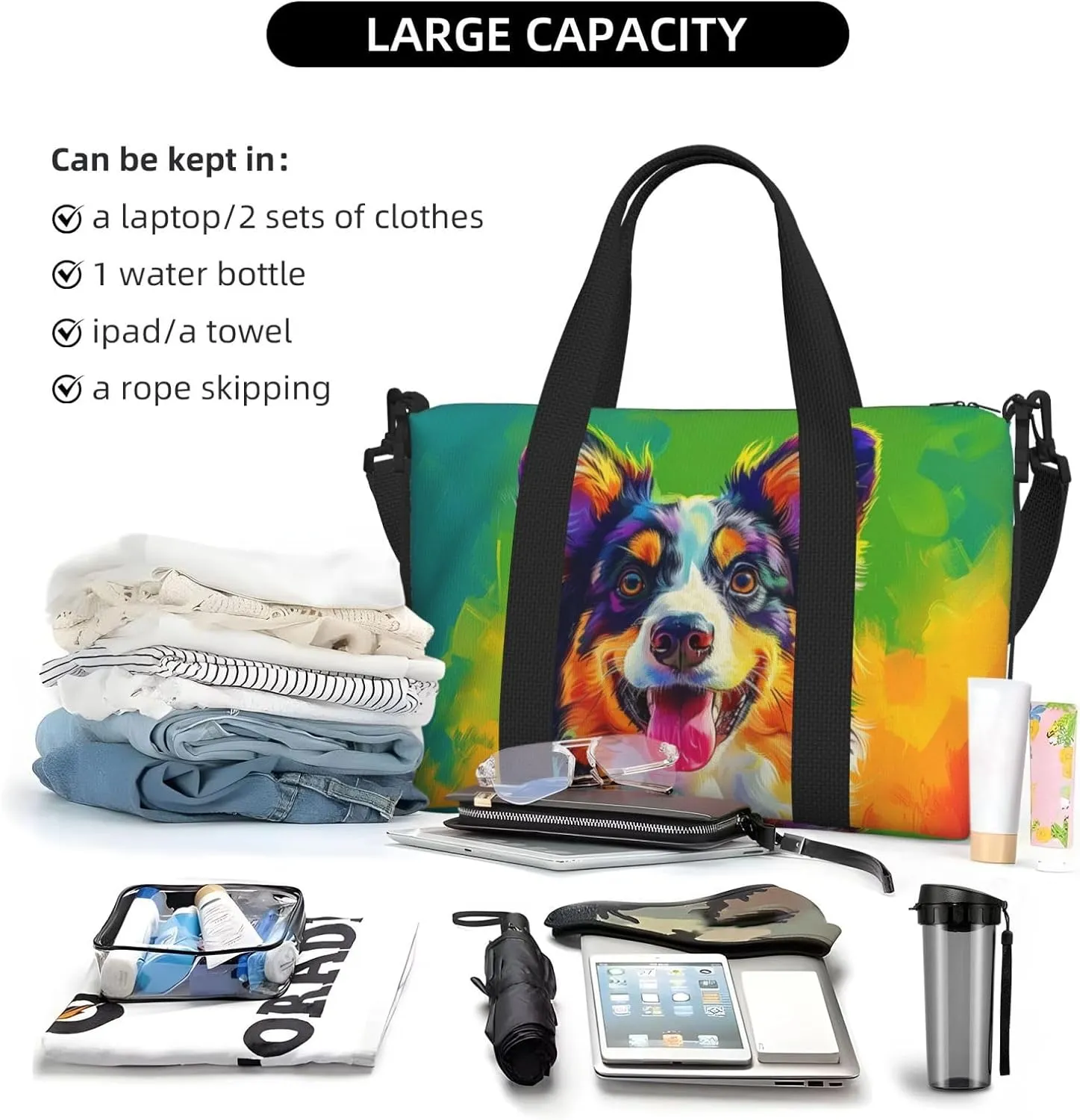 australian shepherd dog colorful print Travel Duffel Bag, Sports Tote Gym Bag, Swim Pool Bag Large Shoulder Tote Bag for Beach Weekender