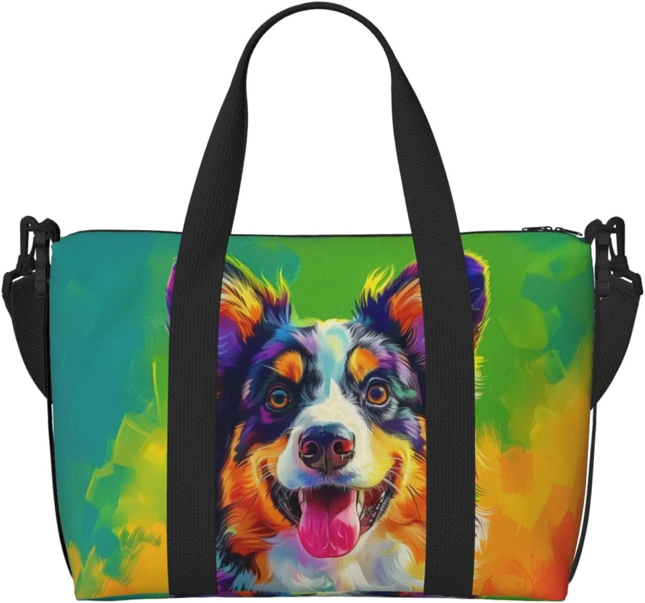 australian shepherd dog colorful print Travel Duffel Bag, Sports Tote Gym Bag, Swim Pool Bag Large Shoulder Tote Bag for Beach Weekender