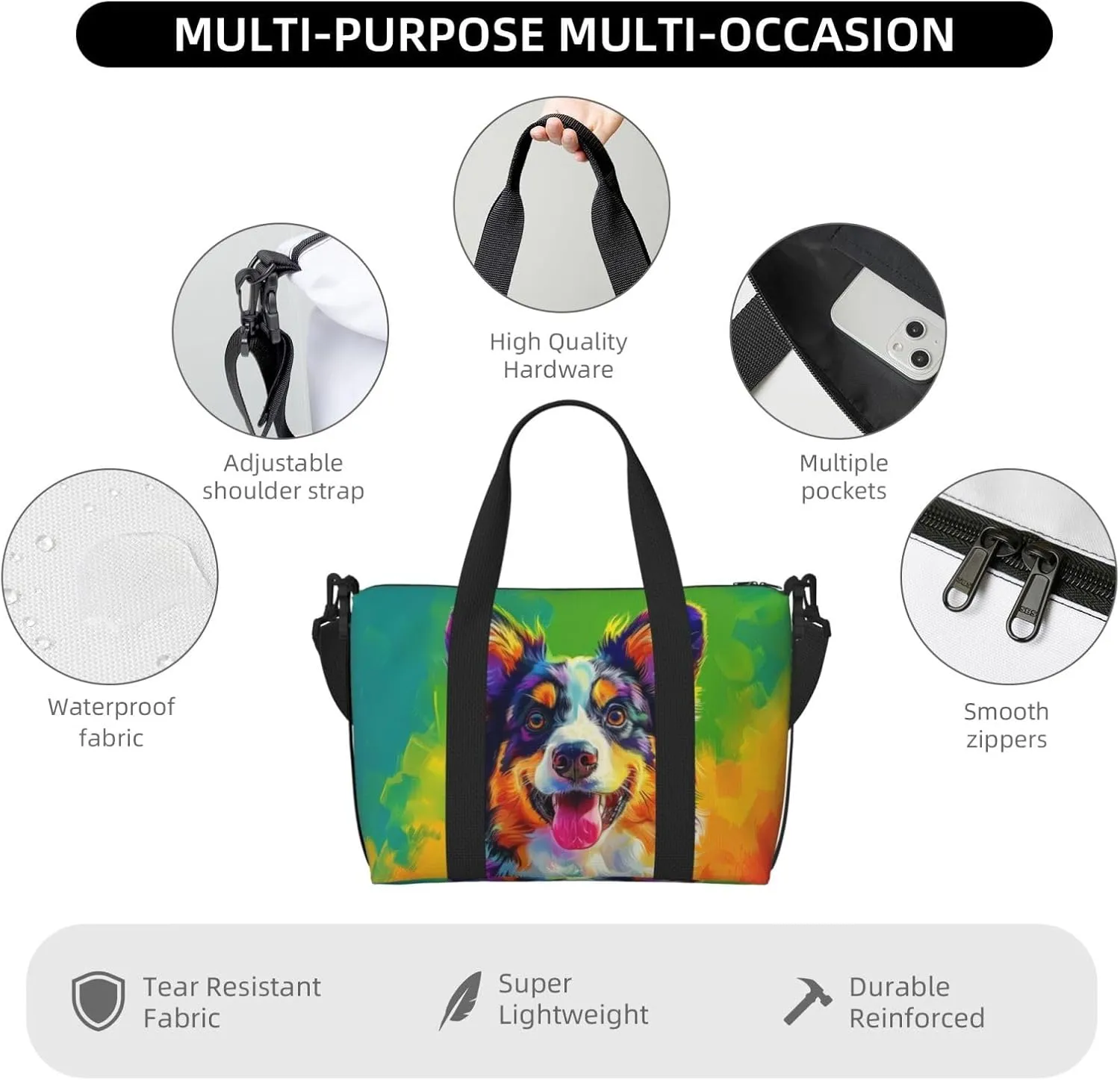 australian shepherd dog colorful print Travel Duffel Bag, Sports Tote Gym Bag, Swim Pool Bag Large Shoulder Tote Bag for Beach Weekender