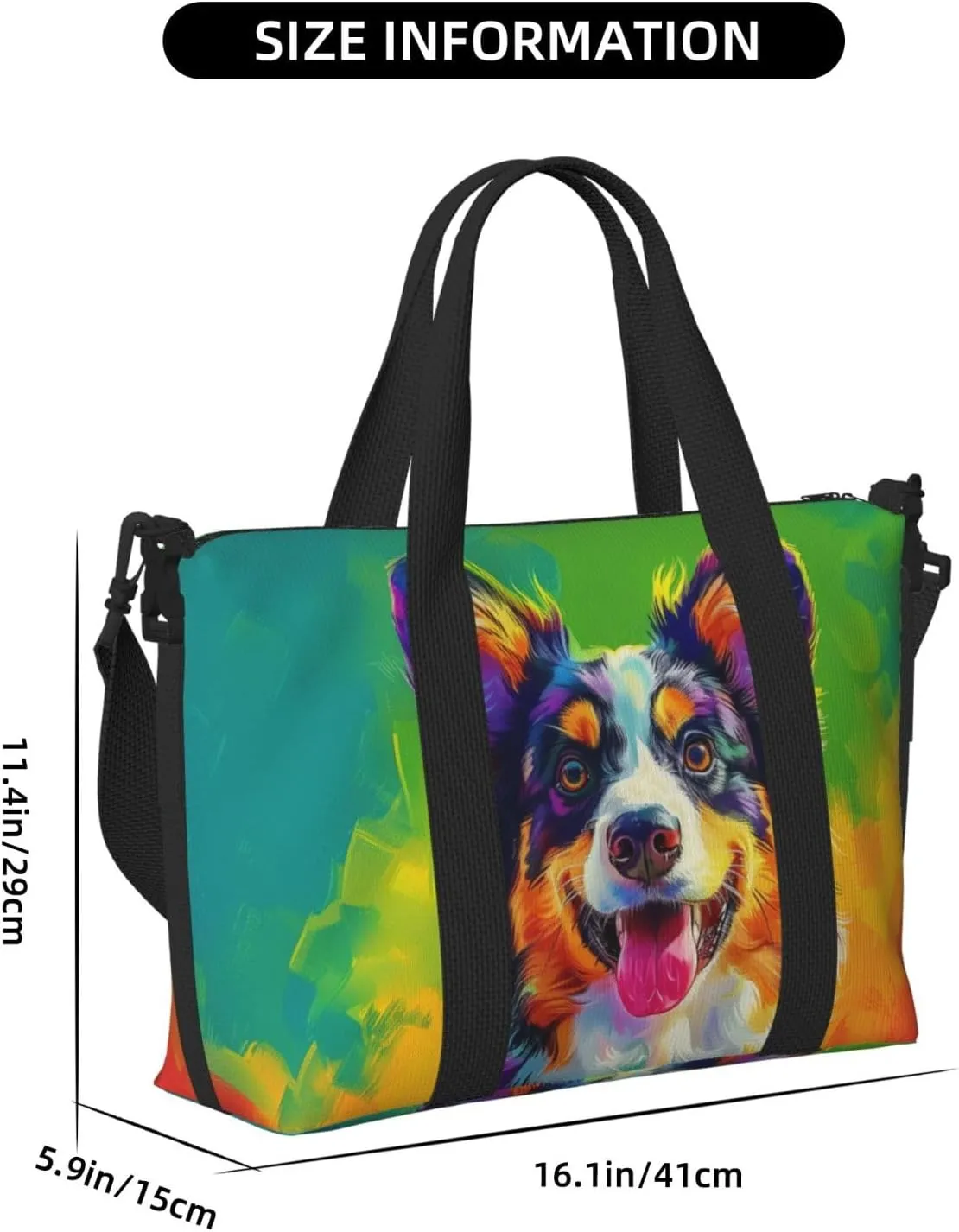 australian shepherd dog colorful print Travel Duffel Bag, Sports Tote Gym Bag, Swim Pool Bag Large Shoulder Tote Bag for Beach Weekender