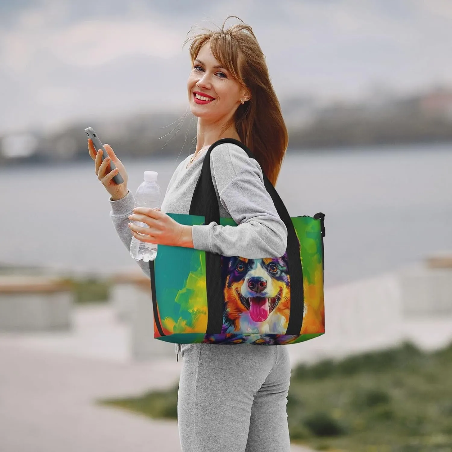 australian shepherd dog colorful print Travel Duffel Bag, Sports Tote Gym Bag, Swim Pool Bag Large Shoulder Tote Bag for Beach Weekender
