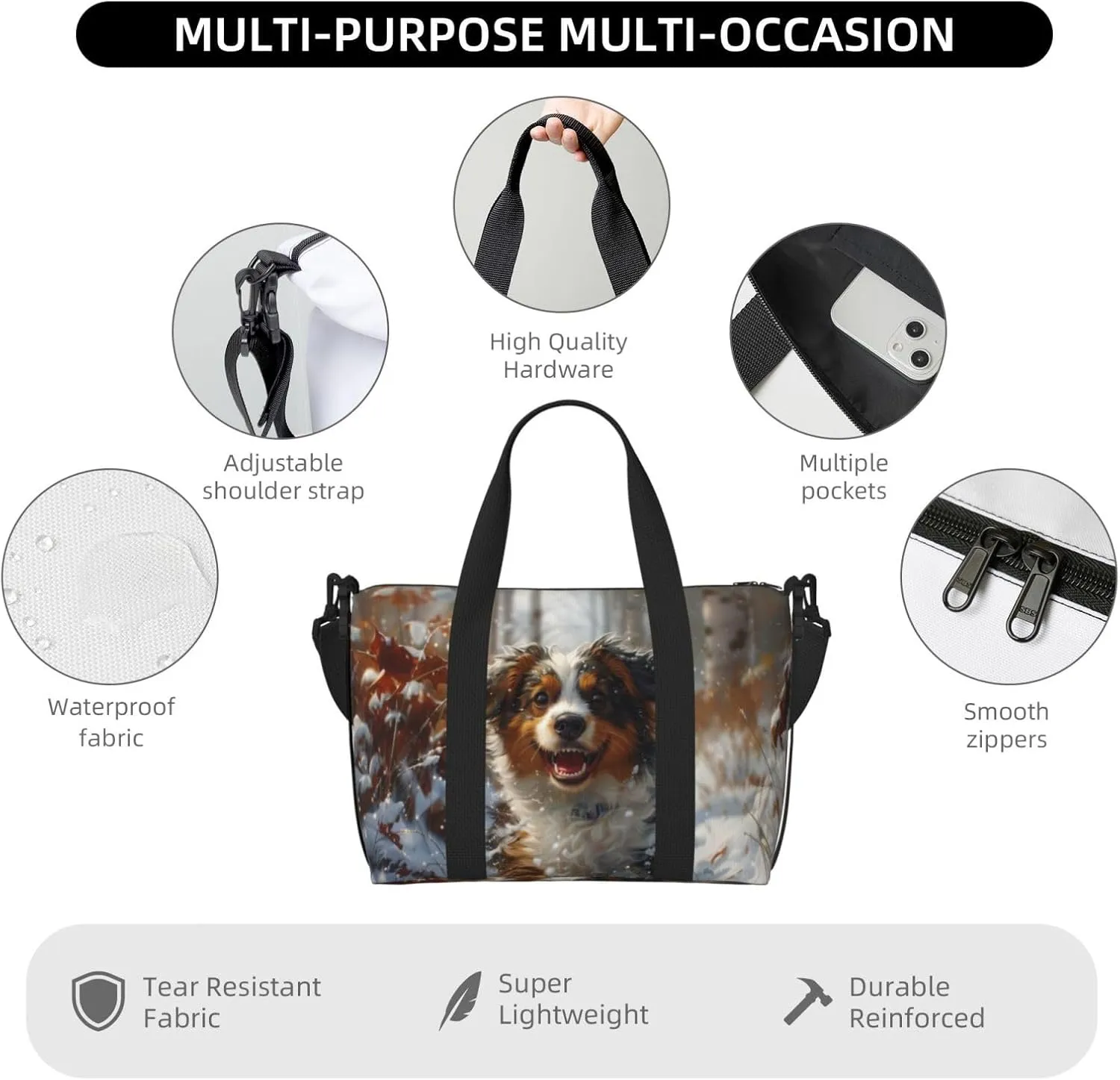 Australian Shepherd happy print Travel Duffel Bag, Sports Tote Gym Bag, Swim Pool Bag Large Shoulder Tote Bag for Beach Weekender, 202-406-121