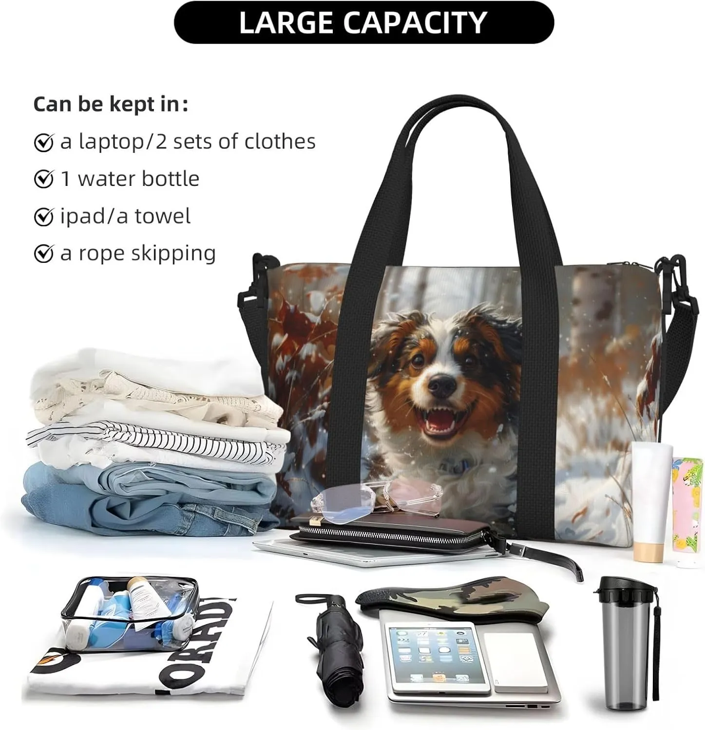 Australian Shepherd happy print Travel Duffel Bag, Sports Tote Gym Bag, Swim Pool Bag Large Shoulder Tote Bag for Beach Weekender, 202-406-121