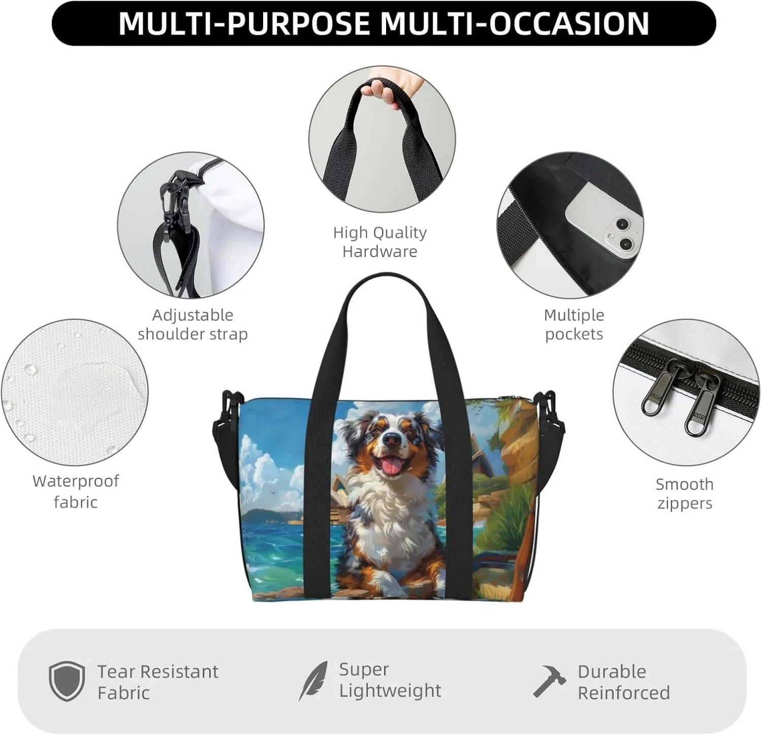 Australian Shepherd print Travel Duffel Bag, Sports Tote Gym Bag, Swim Pool Bag Large Shoulder Tote Bag for Beach Weekender