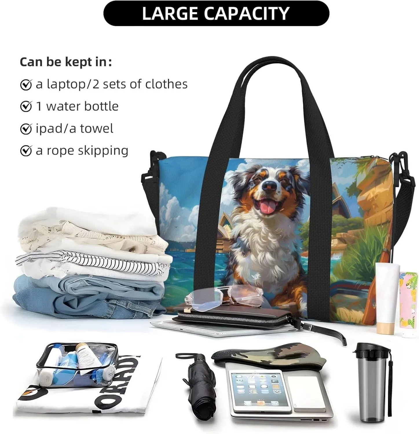 Australian Shepherd print Travel Duffel Bag, Sports Tote Gym Bag, Swim Pool Bag Large Shoulder Tote Bag for Beach Weekender