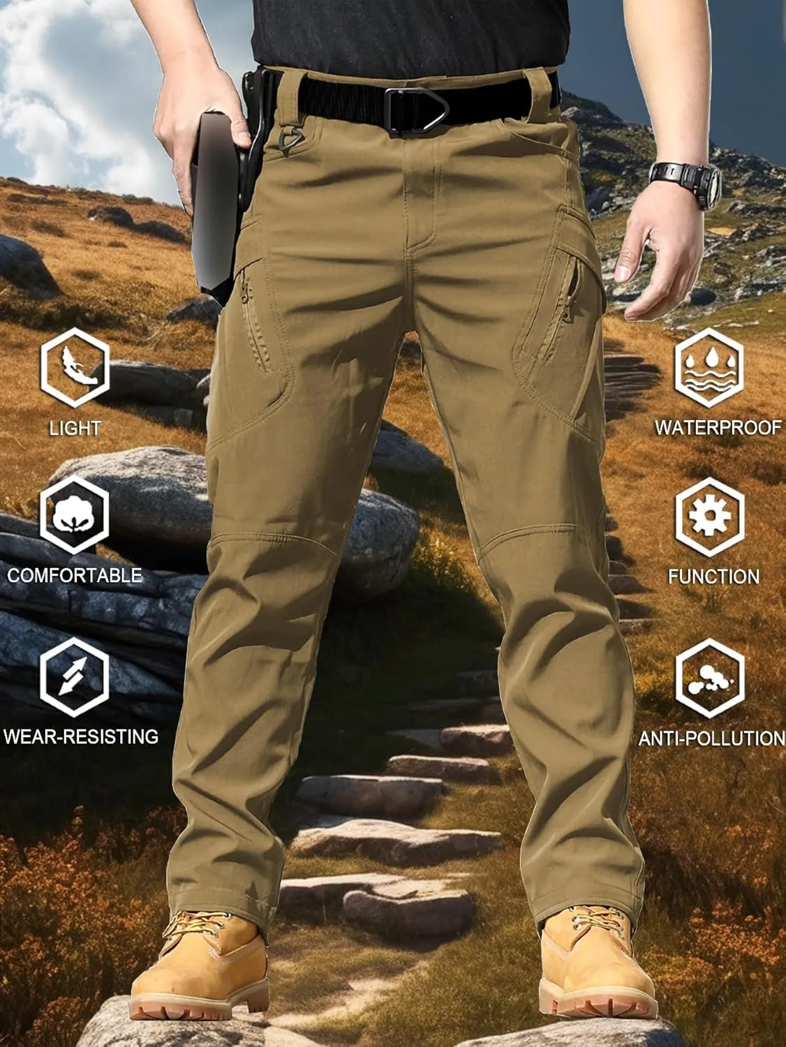 AUTIWITUA Men's Tactical Cargo Pants Water Resistant Lightweight Hiking Pants Outdoor Work Pants with Multi Pockets(No Belt)