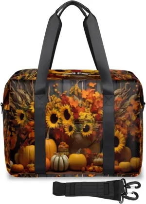 Autumn Pumpkin Corn Sunflowers Womens Travel Bags, Weekender Carry on for Women, Sports Gym Bag, Workout Duffel bag, Overnight Shoulder Bag