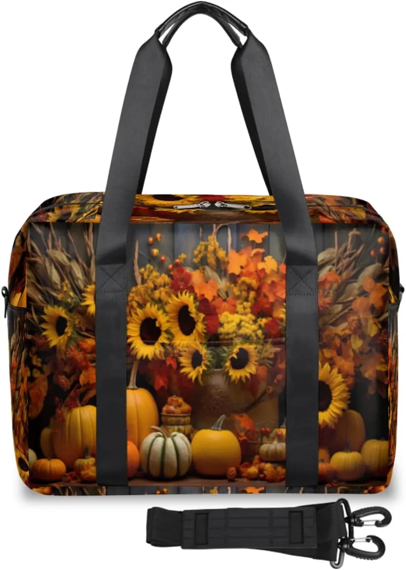 Autumn Pumpkin Corn Sunflowers Womens Travel Bags, Weekender Carry on for Women, Sports Gym Bag, Workout Duffel bag, Overnight Shoulder Bag