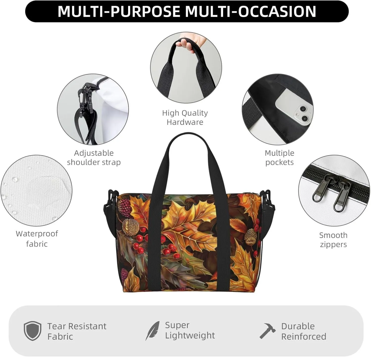 autumn themed art print Travel Duffel Bag, Sports Tote Gym Bag, Swim Pool Bag Large Shoulder Tote Bag for Beach Weekender