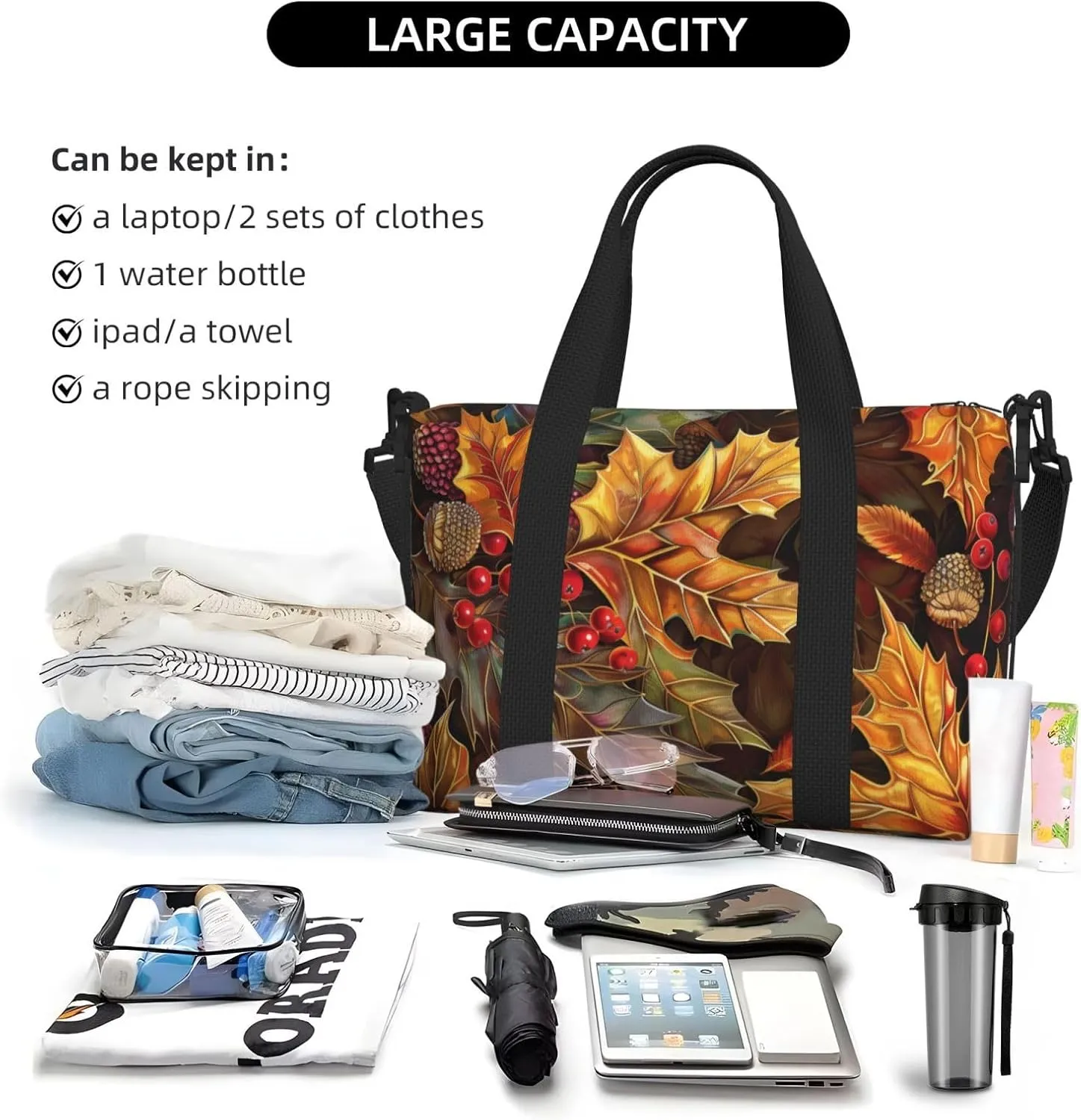 autumn themed art print Travel Duffel Bag, Sports Tote Gym Bag, Swim Pool Bag Large Shoulder Tote Bag for Beach Weekender
