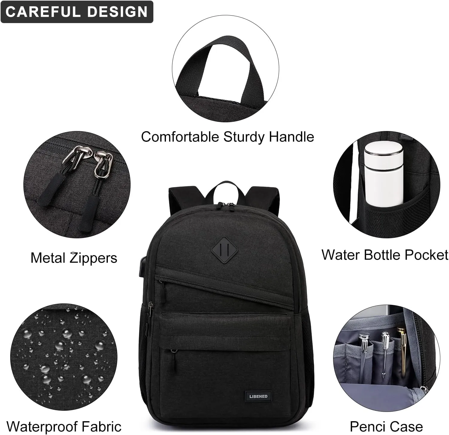 Backpack for School, Backpack for Men and Teen Boy,15.6 inch Laptop Back Pack for High School and College Students with USB Charging Port, Waterproof Computer Bookbag, Black