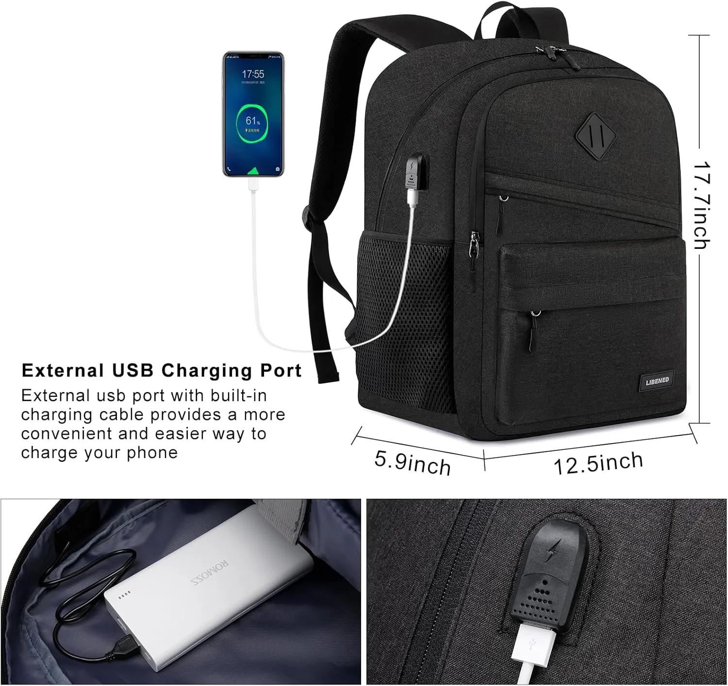 Backpack for School, Backpack for Men and Teen Boy,15.6 inch Laptop Back Pack for High School and College Students with USB Charging Port, Waterproof Computer Bookbag, Black