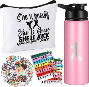 Baderke 68 Pcs Karate Gift Set Taekwondo Gift for Women Include Karate Water Bottle Cosmetic Case Bag Martial Arts Stickers and Hair Ties for Lover DIY Birthday Gift