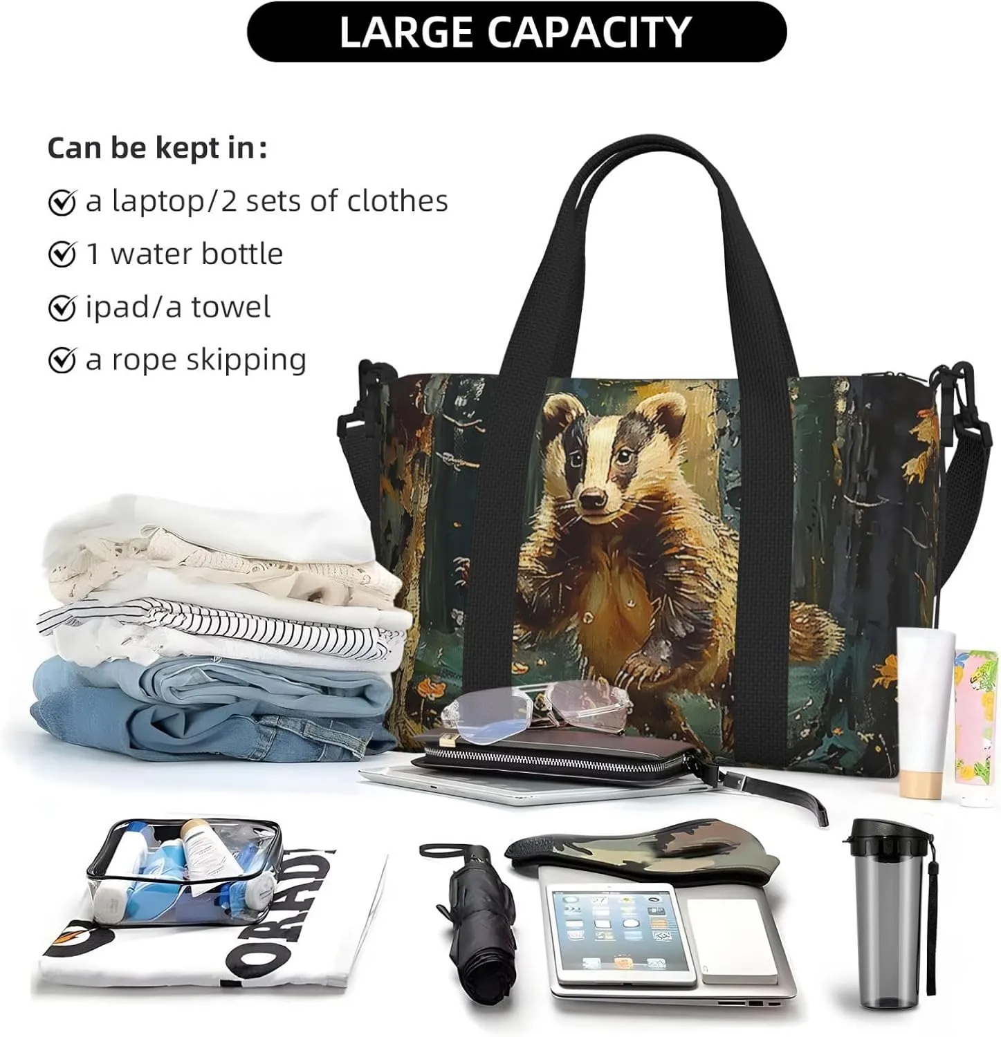 badger print Travel Duffel Bag, Sports Tote Gym Bag, Swim Pool Bag Large Shoulder Tote Bag for Beach Weekender