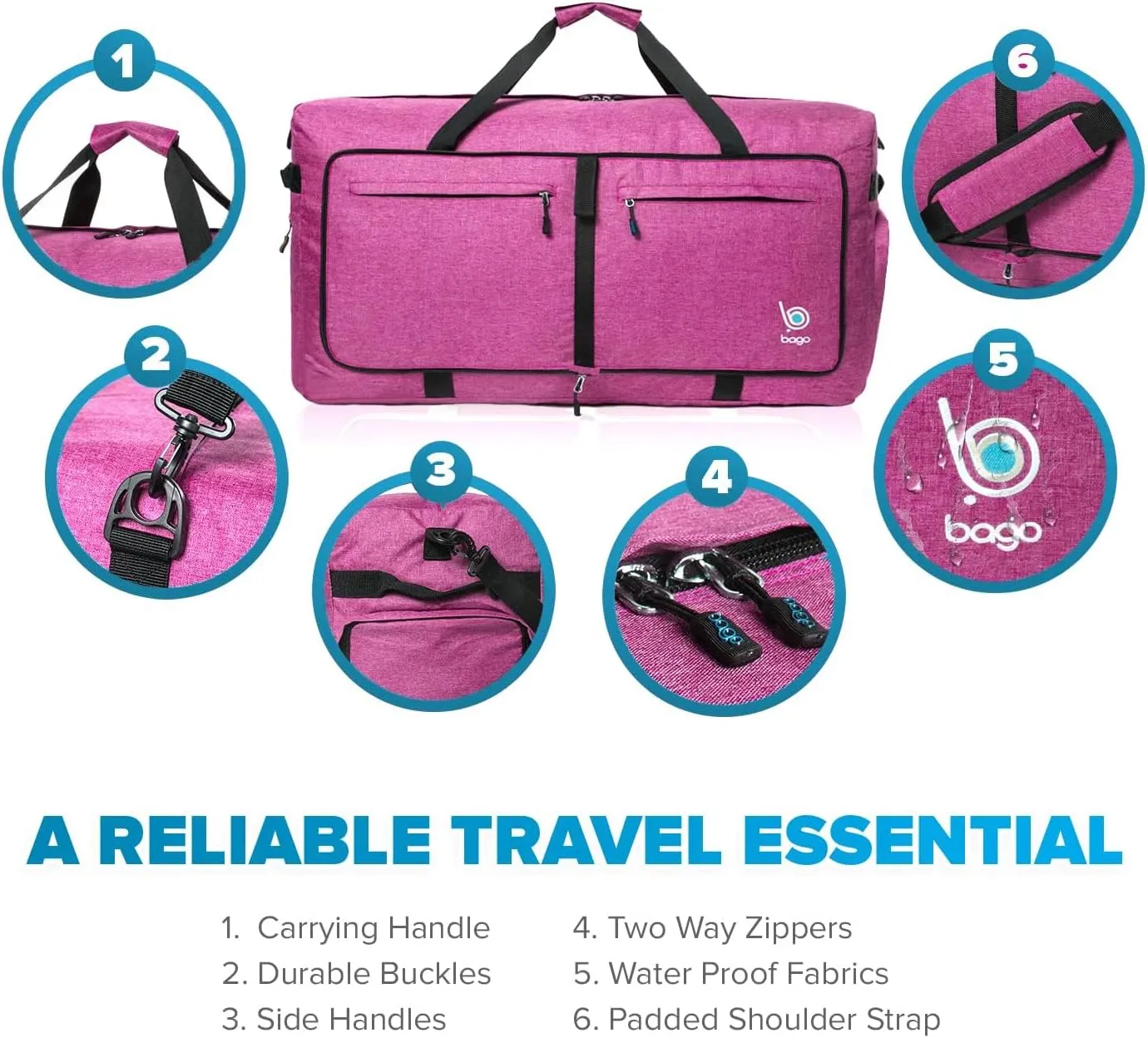 Bago Foldable Duffel Bags for Traveling Women & Men - 40L Sports Packable Duffle Bag for Travel with Shoe Compartment - Water Repellant, Heavy Duty, Lightweight Folding & Collapsible (SnowPink)