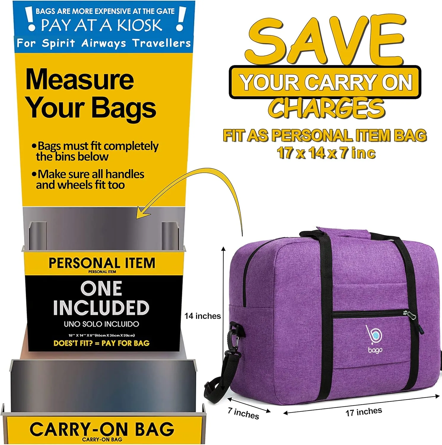 Bago Personal Item Travel Bag For Airlines - Fits As 18x14x8 inches Travel Bag Spirit & Frontier Airlines - Foldable Duffle Bag For Travel - Personal Item Bag Small Carry On Bag For Air Travel