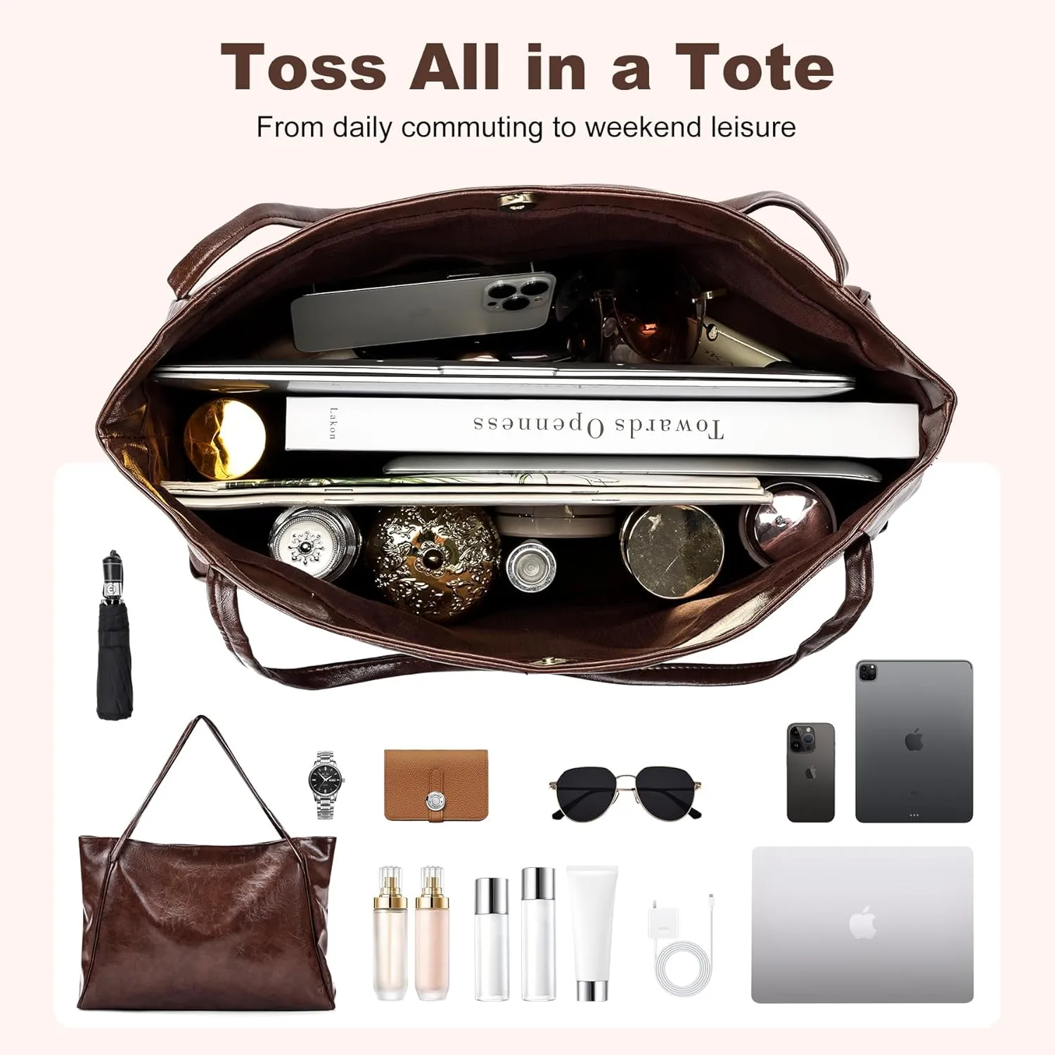 BAKUN Oversize Large Faux Leather Women Tote Handbag Big Capacity Laptop Shoulder Bag, Shopper Handbag for School Work Travel