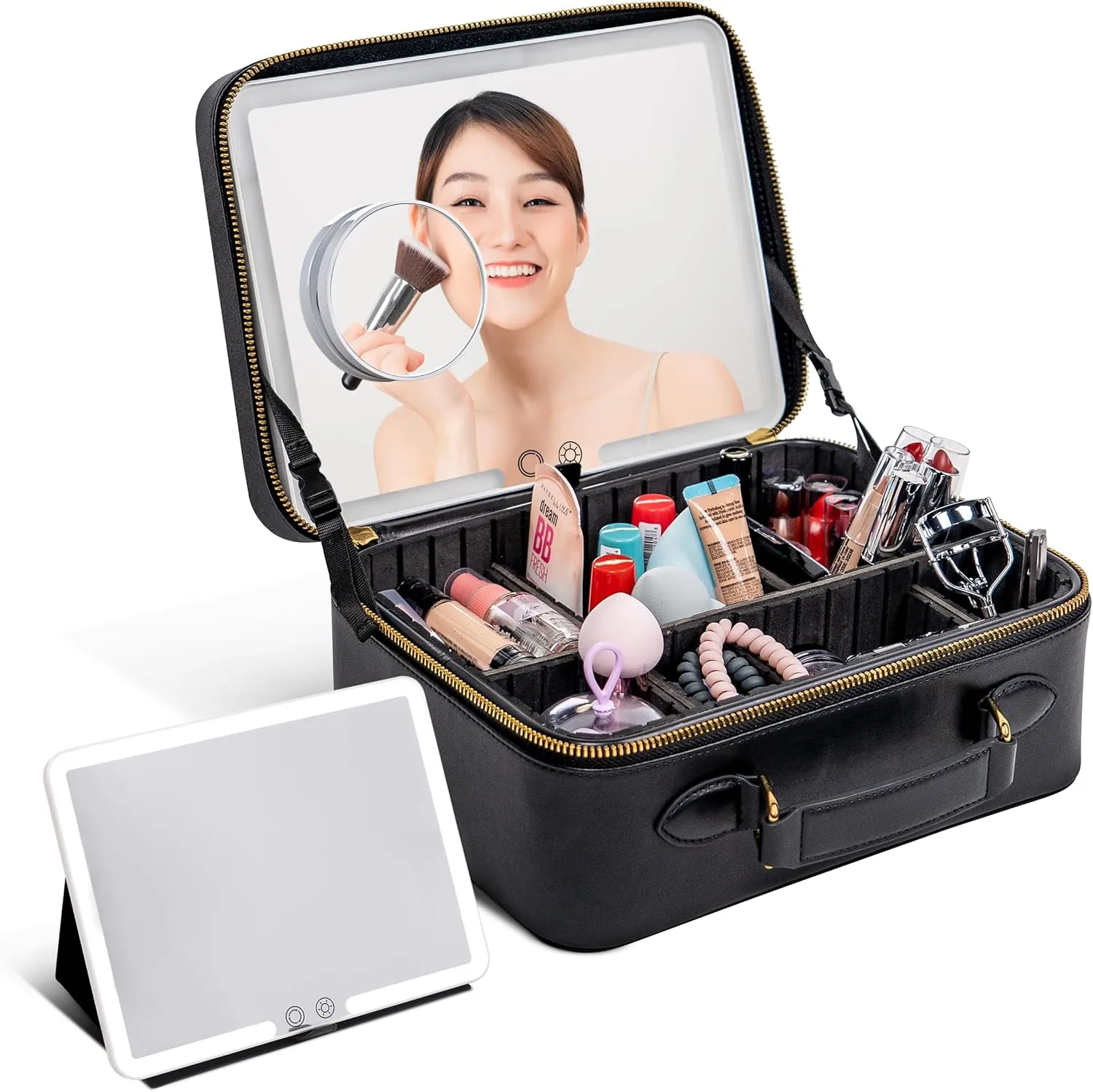 BAREZ Premium PU Leather Makeup Bag With LED Mirror - 3 Brightness Mirror Light Settings - Adjustable Dividers - Removable Mirror Waterproof Cosmetic Travel Bag (Black)