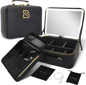 BAREZ Premium PU Leather Makeup Bag With LED Mirror - 3 Brightness Mirror Light Settings - Adjustable Dividers - Removable Mirror Waterproof Cosmetic Travel Bag (Black)