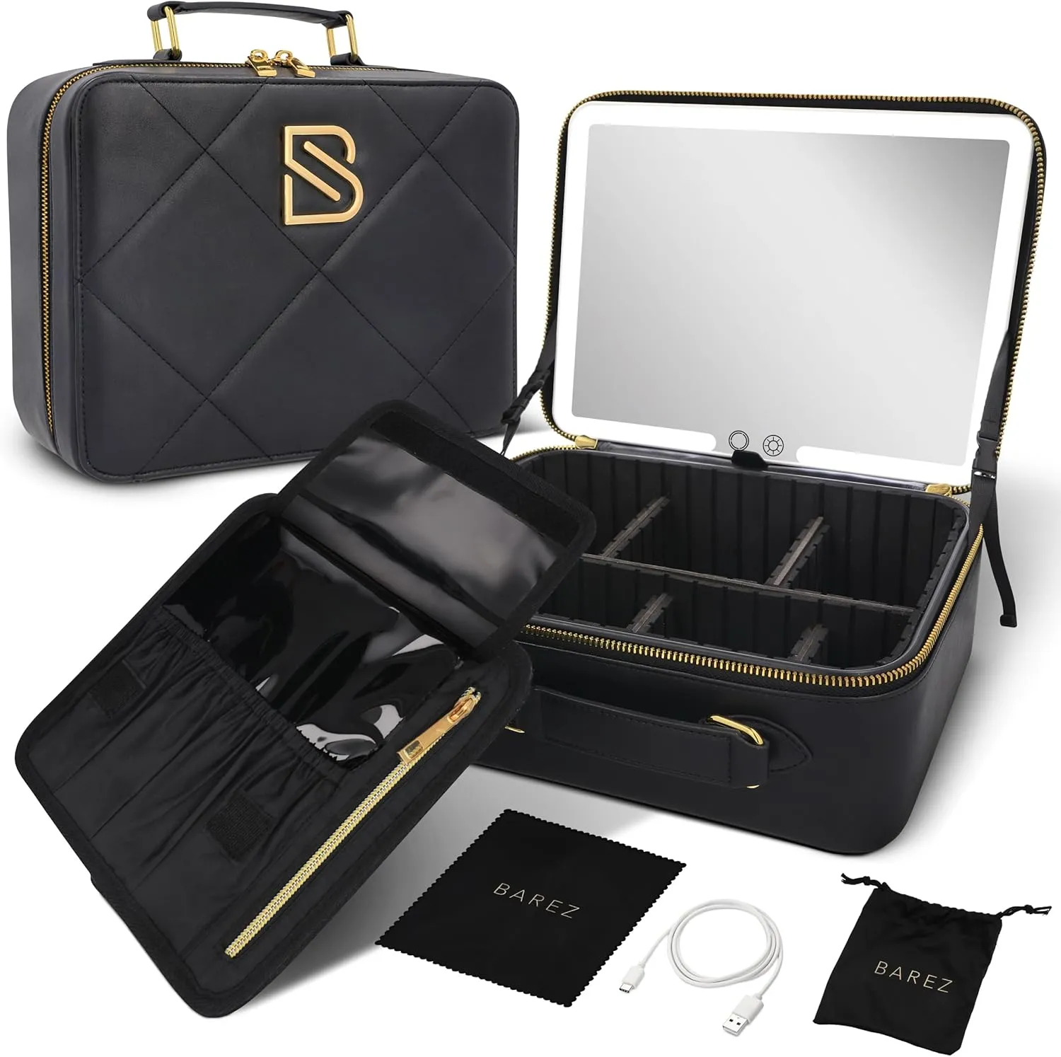 BAREZ Premium PU Leather Makeup Bag With LED Mirror - 3 Brightness Mirror Light Settings - Adjustable Dividers - Removable Mirror Waterproof Cosmetic Travel Bag (Black)