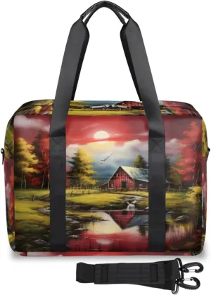 Barn Farmhouse Painting Womens Travel Bags, Weekender Carry on for Women, Sports Gym Bag, Workout Duffel bag, Overnight Shoulder Bag