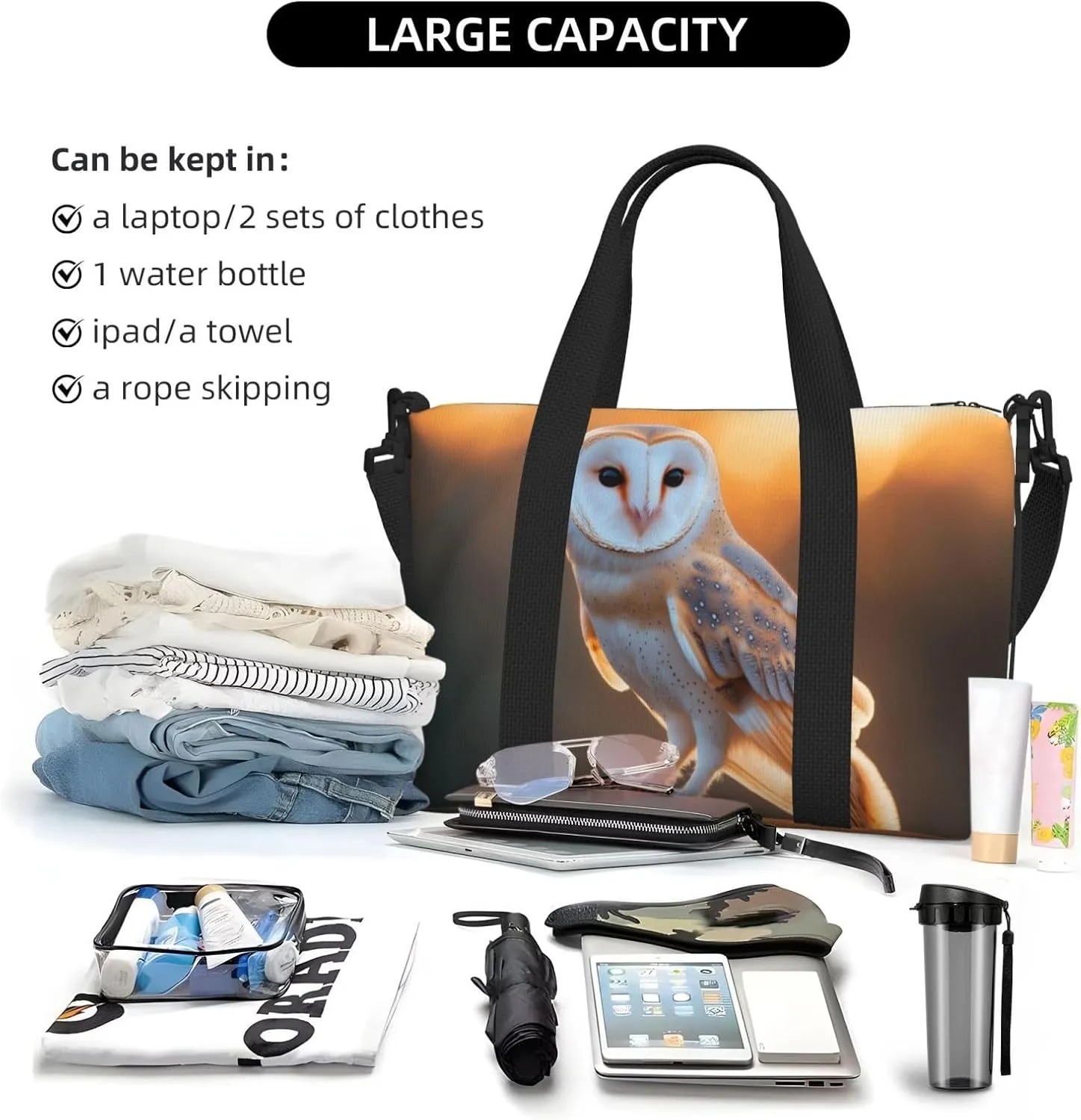 barn owl_ print Travel Duffel Bag, Sports Tote Gym Bag, Swim Pool Bag Large Shoulder Tote Bag for Beach Weekender