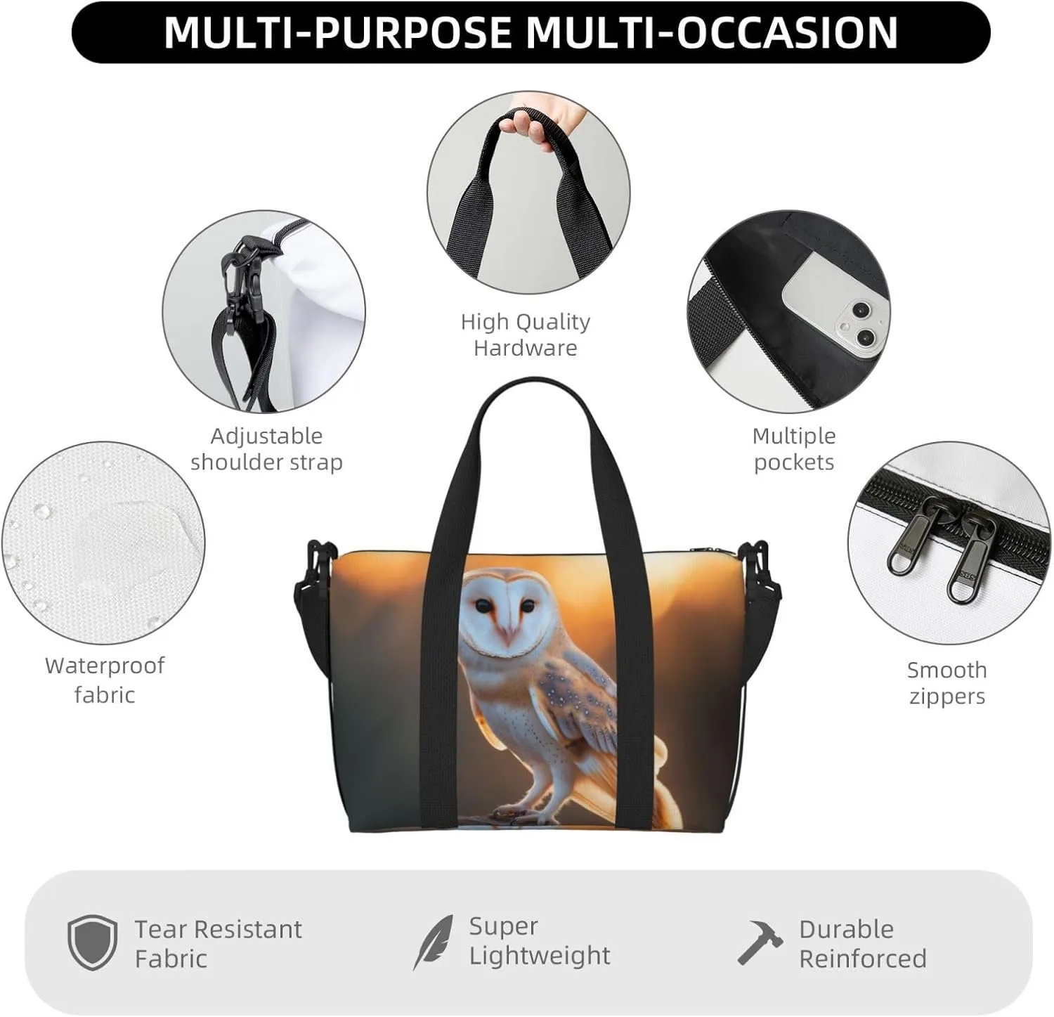 barn owl_ print Travel Duffel Bag, Sports Tote Gym Bag, Swim Pool Bag Large Shoulder Tote Bag for Beach Weekender