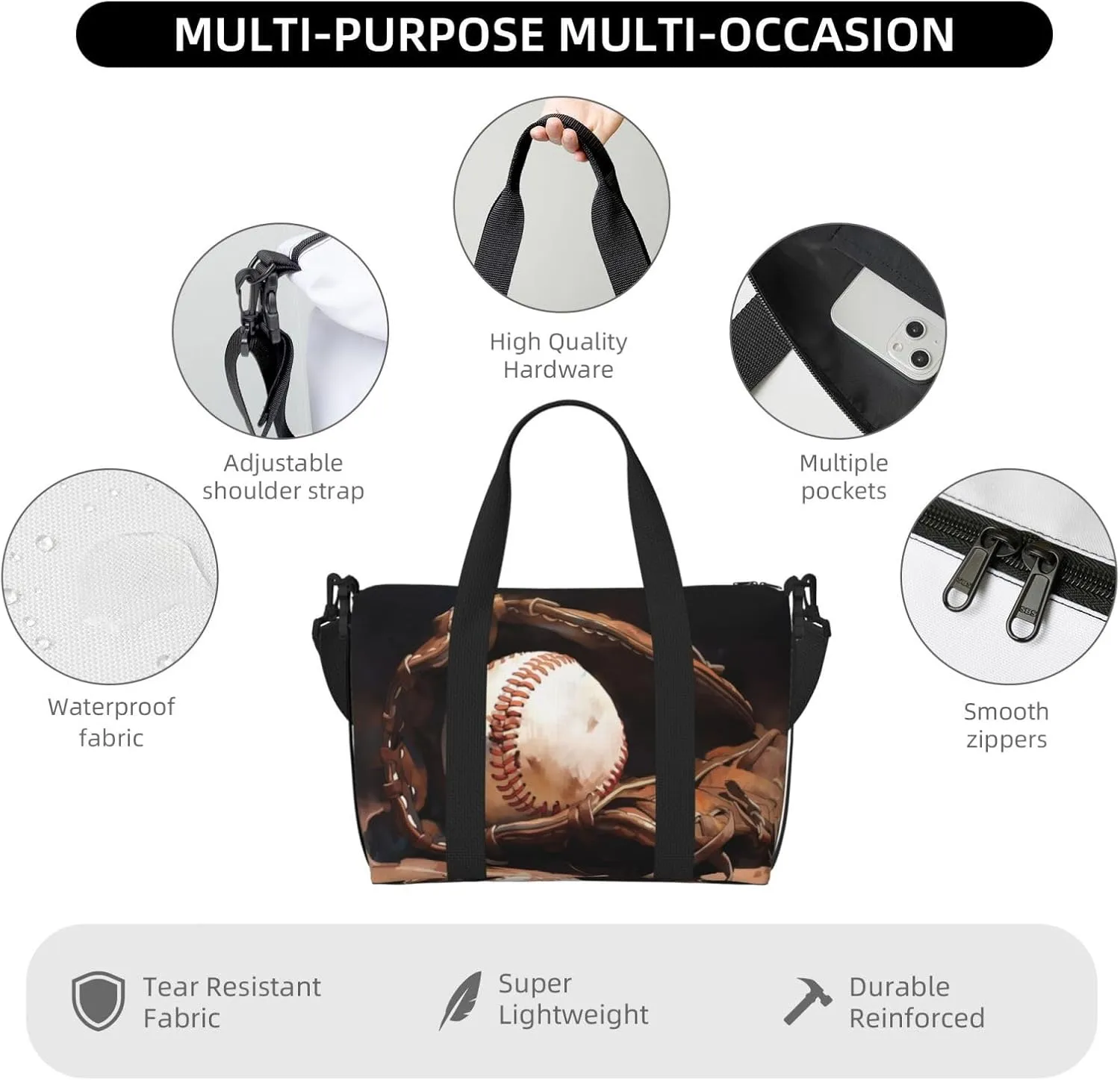 baseball print Travel Duffel Bag, Sports Tote Gym Bag, Swim Pool Bag Large Shoulder Tote Bag for Beach Weekender