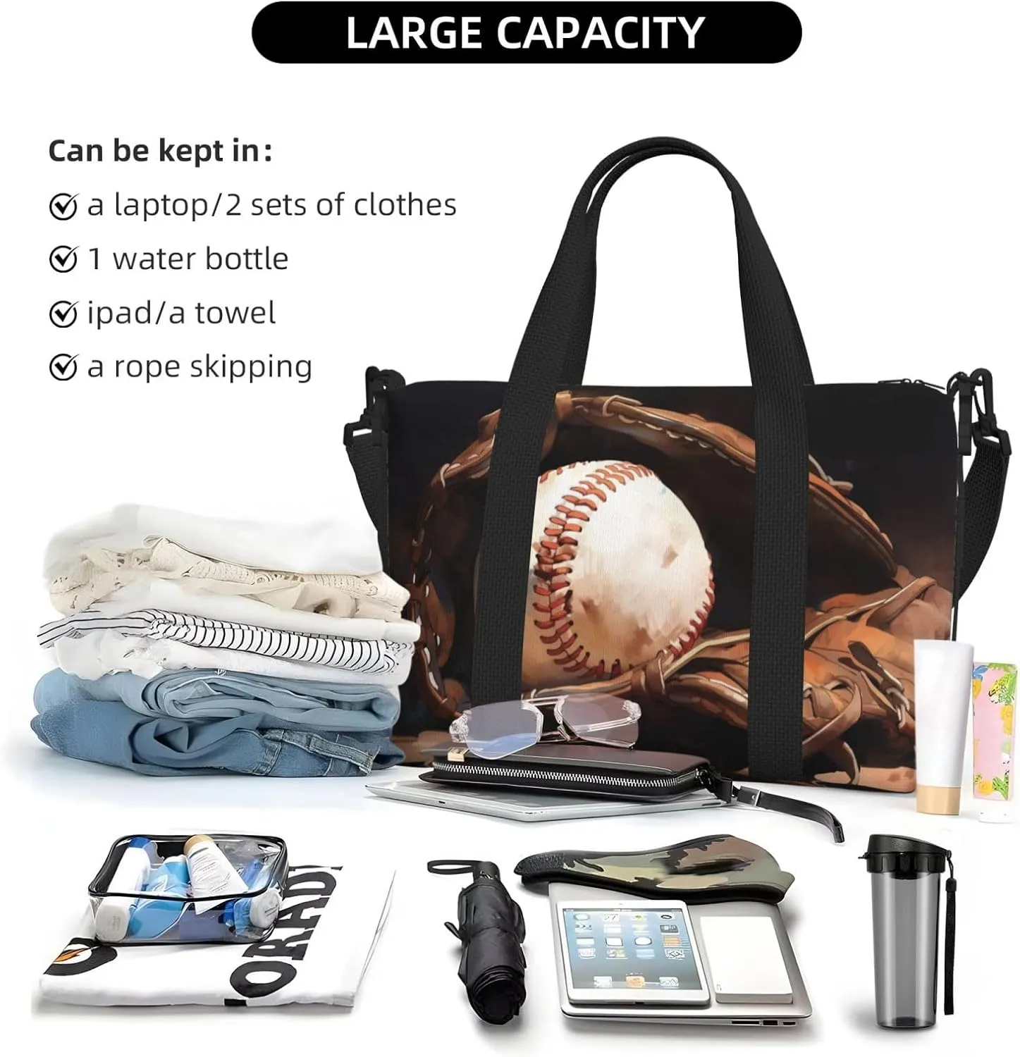 baseball print Travel Duffel Bag, Sports Tote Gym Bag, Swim Pool Bag Large Shoulder Tote Bag for Beach Weekender