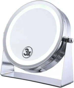 Bathroom Mirror Free Standing Swivel Shaving or Make Up Mirror 6‘’LED Illuminated Makeup Mirror - Two-Sided Vanity Mirror with Normal and 3X Magnification 360° Swivel Cosmetics Mirror - Silver