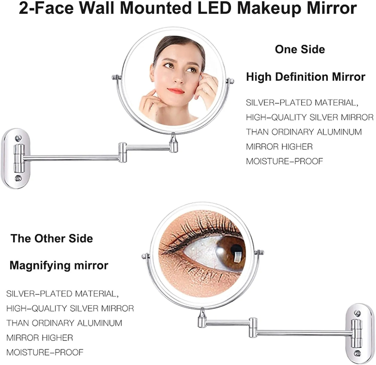 Bathroom Mirror, Makeup Mirror, 8 Inch Double-Sided Wall Mounted Foldable Bathroom Cosmetic Mirror(Nickel,5X)