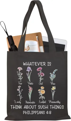 BDPWSS Christian Tote Bag Religious Gift Bible Verse Gift Whatever Is True Wildflower Philippians 4:8 Floral Bible Handbag