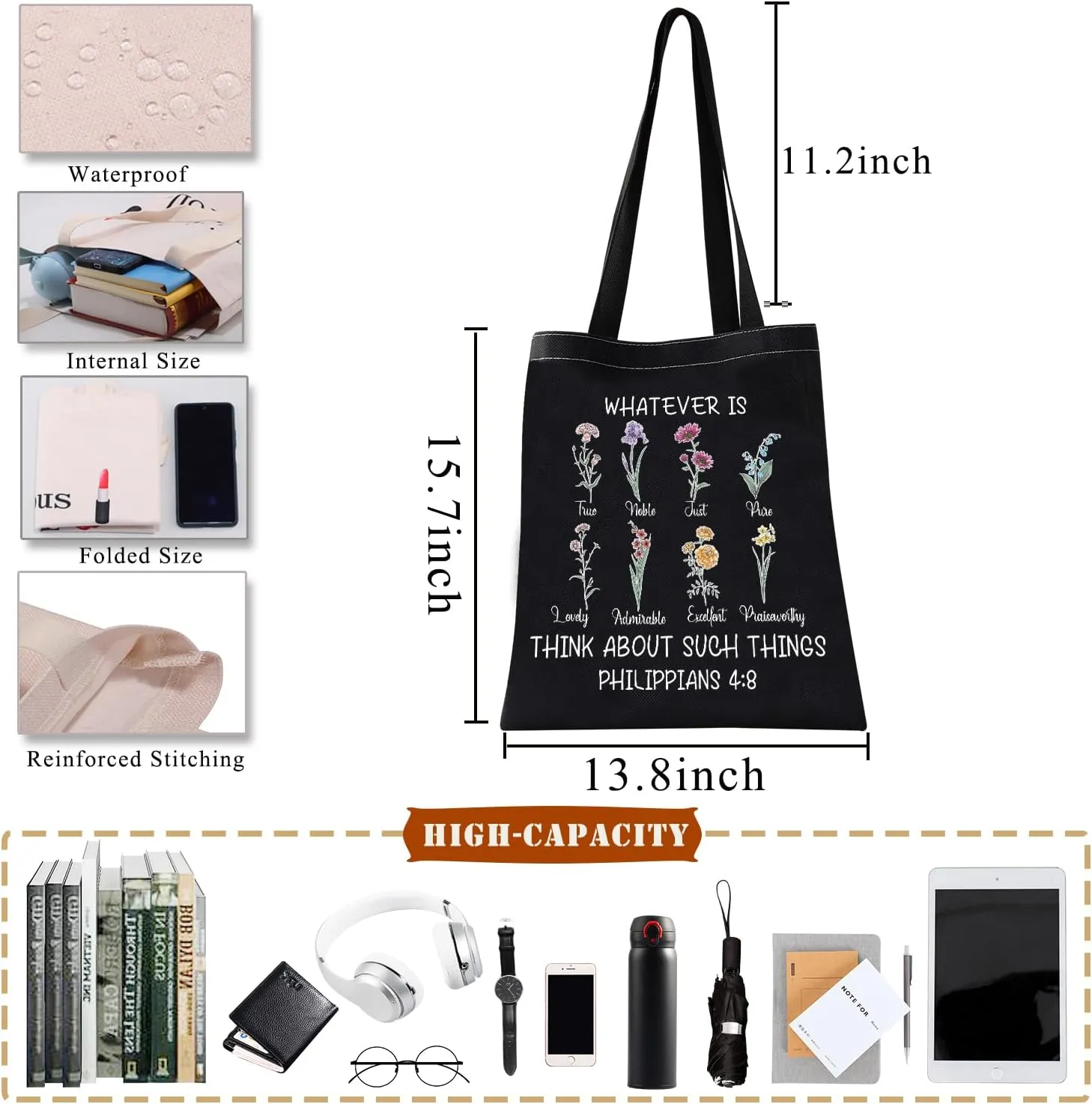 BDPWSS Christian Tote Bag Religious Gift Bible Verse Gift Whatever Is True Wildflower Philippians 4:8 Floral Bible Handbag