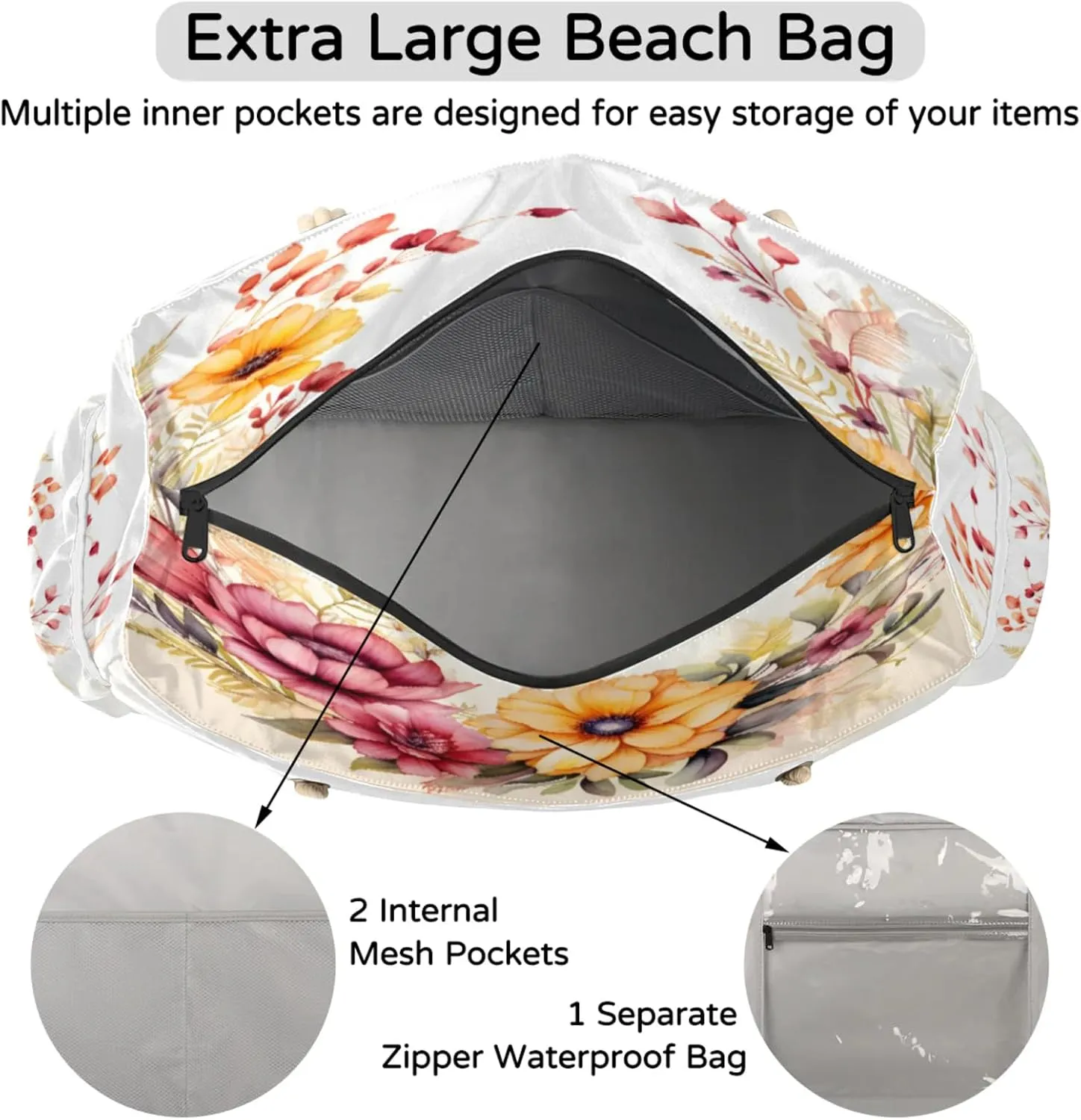 Beach Bags for Women Large Beach Tote Bag, Waterproof Sandproof Swim Pool Bag with Zipper