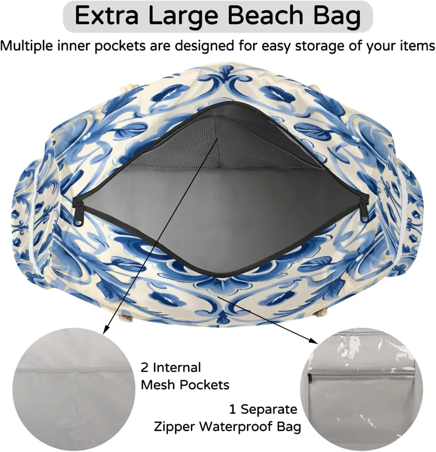 Beach Bags for Women Large Beach Tote Bag, Waterproof Sandproof Swim Pool Bag with Zipper