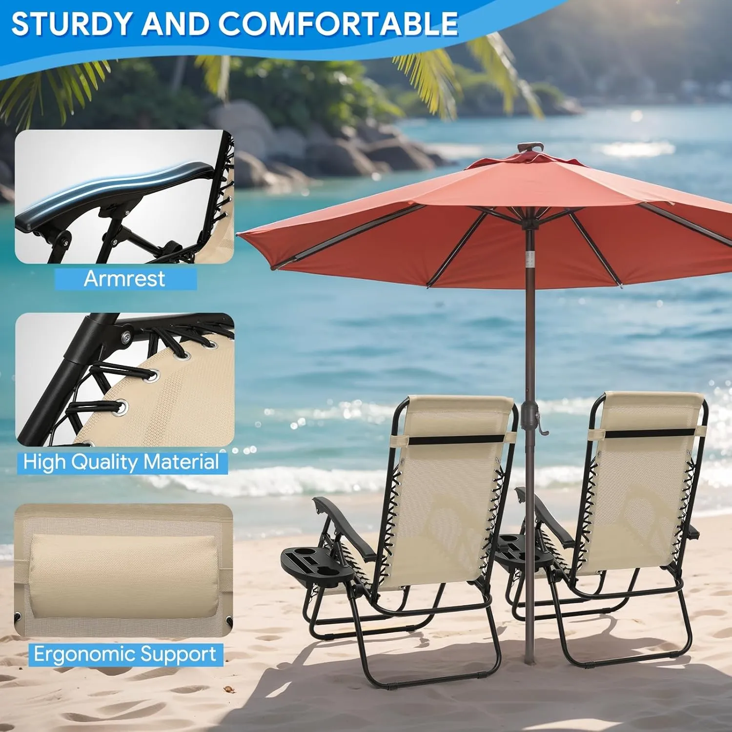 Beach Chairs Compact Zero Gravity Chair - Foldable Patio Lounger with Ergonomic Headrest & Cup Holder Tray, CAAP-BCC-C1P-CR