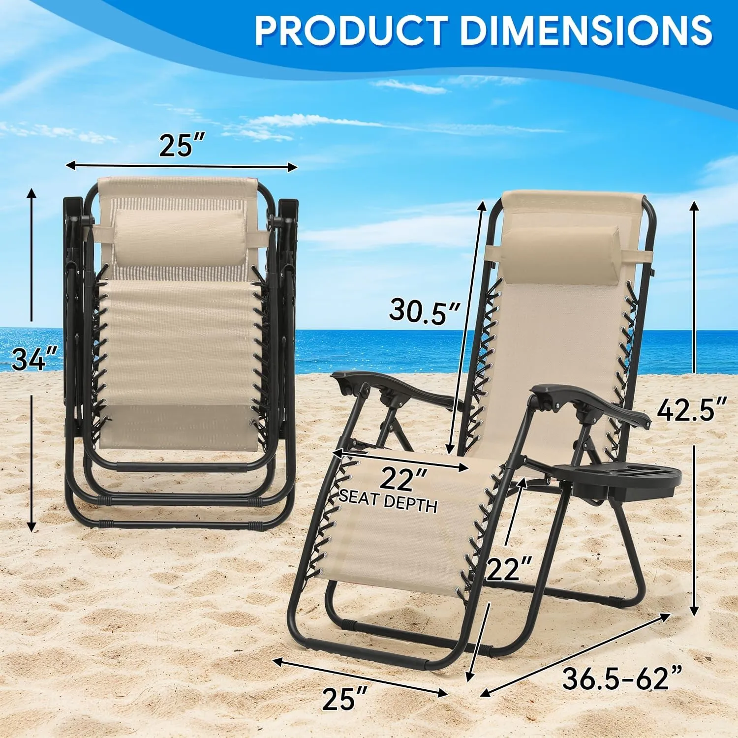 Beach Chairs Compact Zero Gravity Chair - Foldable Patio Lounger with Ergonomic Headrest & Cup Holder Tray, CAAP-BCC-C1P-CR